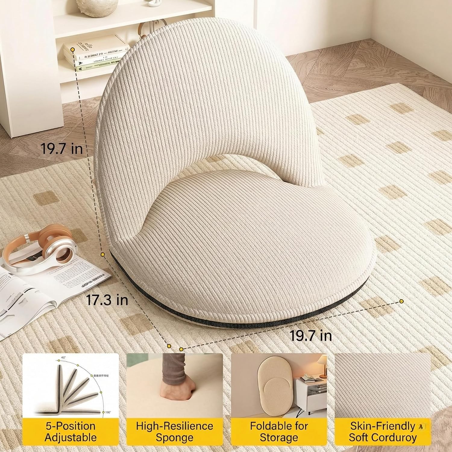 Foldable White Adjustable Floor Chairs with Back Support, Tatami Style Folding