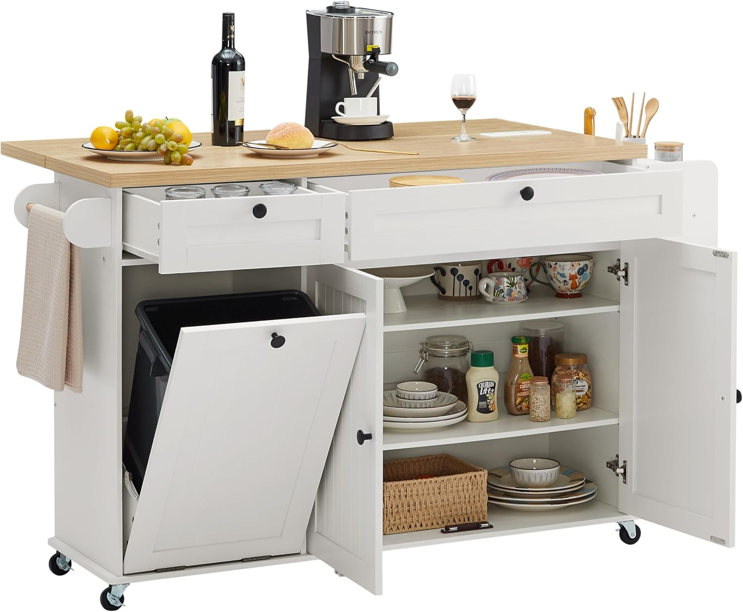60 Inch Kitchen Island with Power Outlet Drop Leaf Trash Cabinet Storage