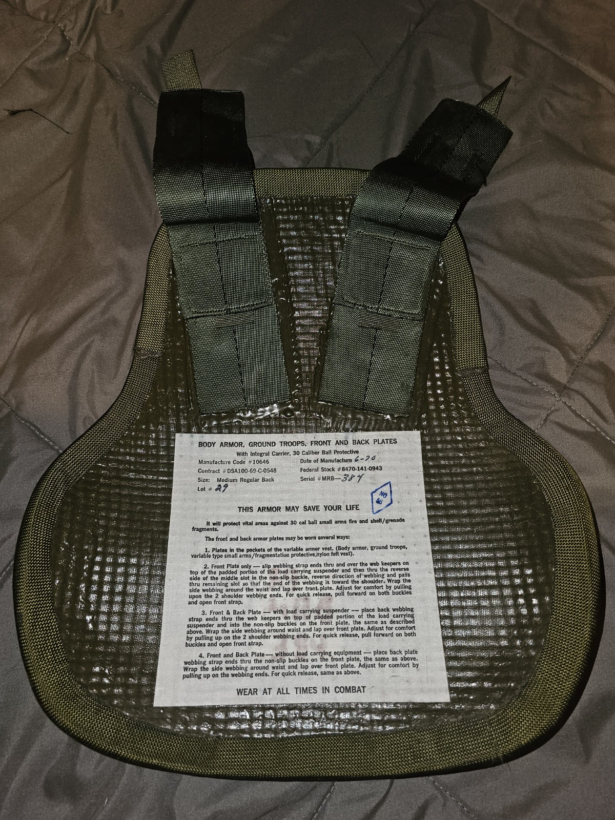 Vietnam War Variable Body Armor w/ inserts Med Regular