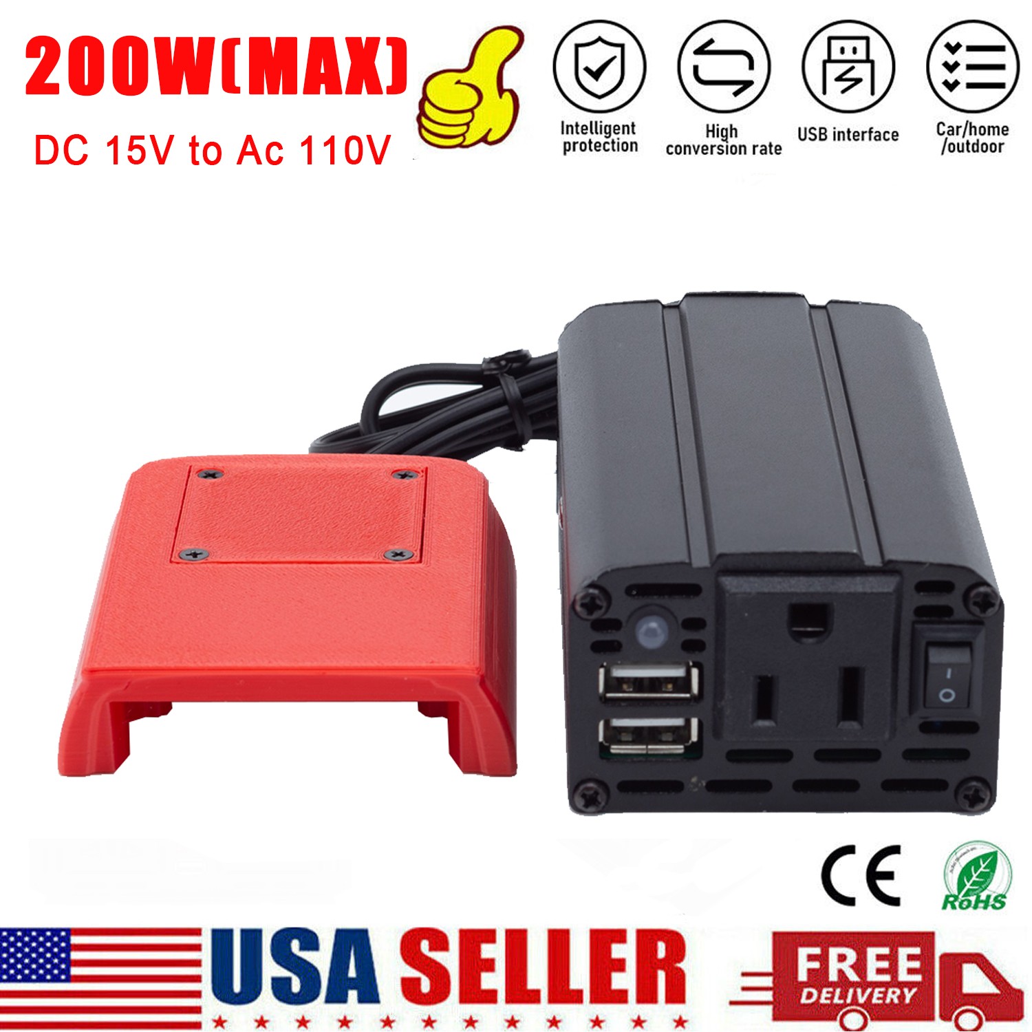For Milwaukee 18V Battery Power Inverter Converter DC 15-21V To AC 110v w/USB US