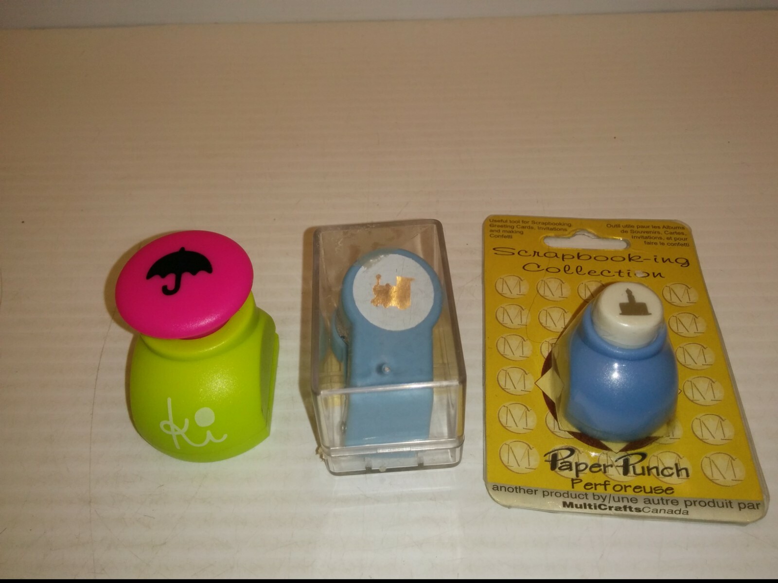 UMBRELLA, LOCOMOTIVE AND BIRTHDAY CAKE PAPER PUNCHES, (LOT OF 3)
