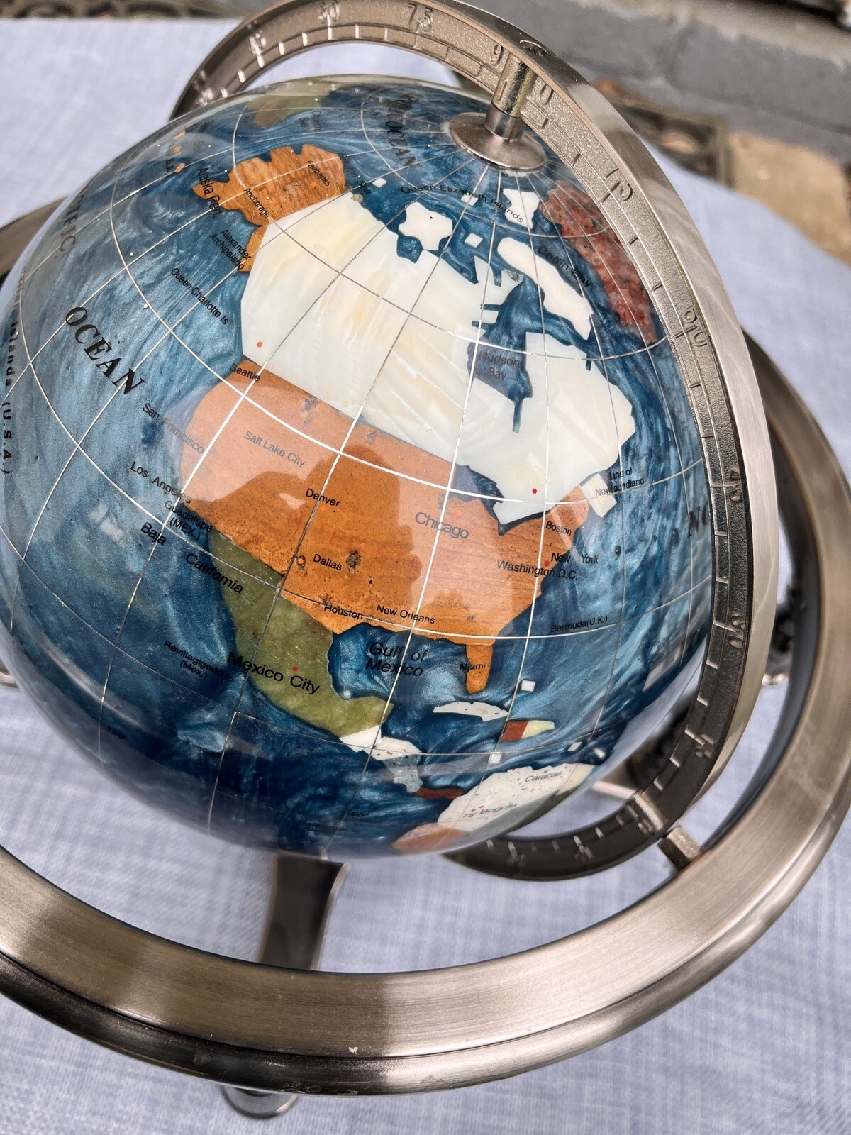 12" Tall Gemstone Table Top Gem Pearl /Gemstone World Map Globe Gorgeous Silver