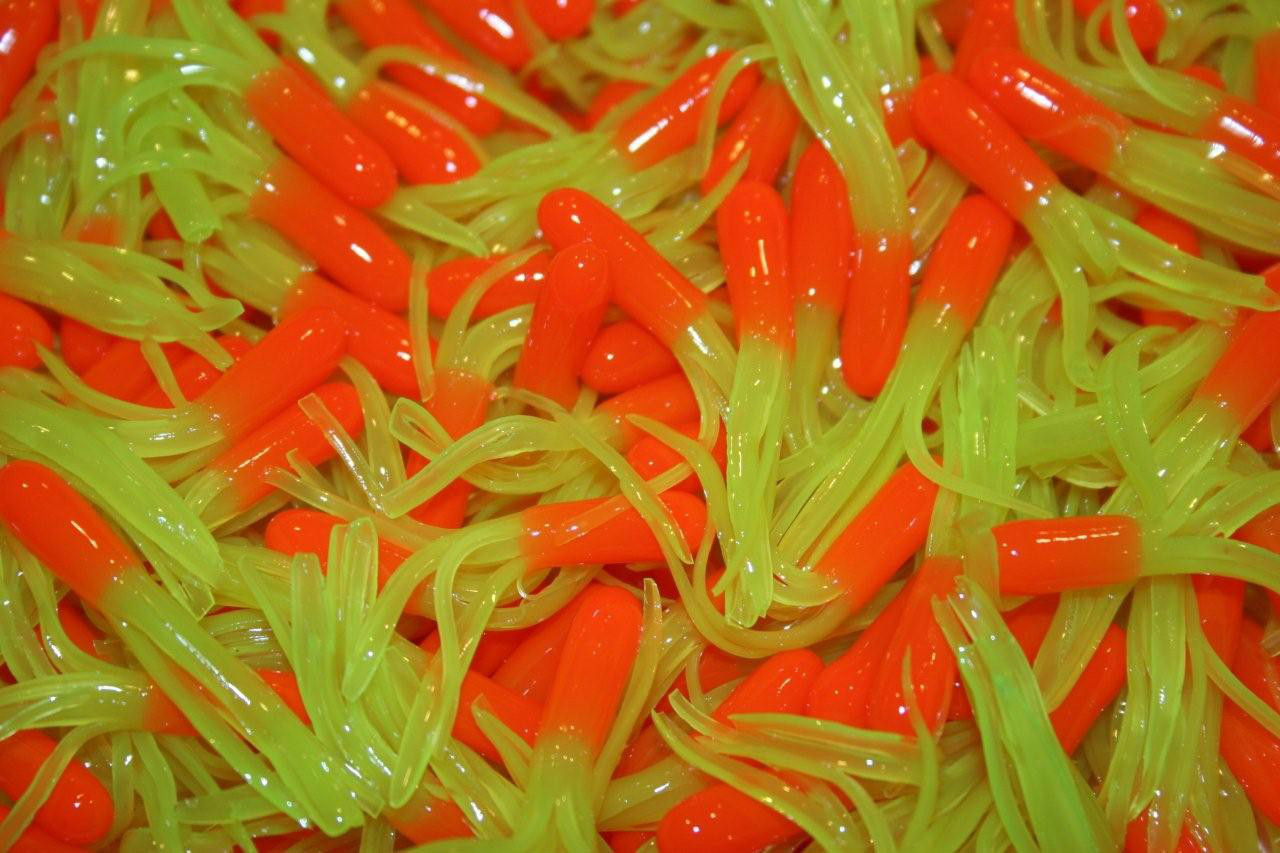 100 pk 1.5" Orange / Chartreuse Crappie Fishing Tube Jig Skirts Bluegill Perch