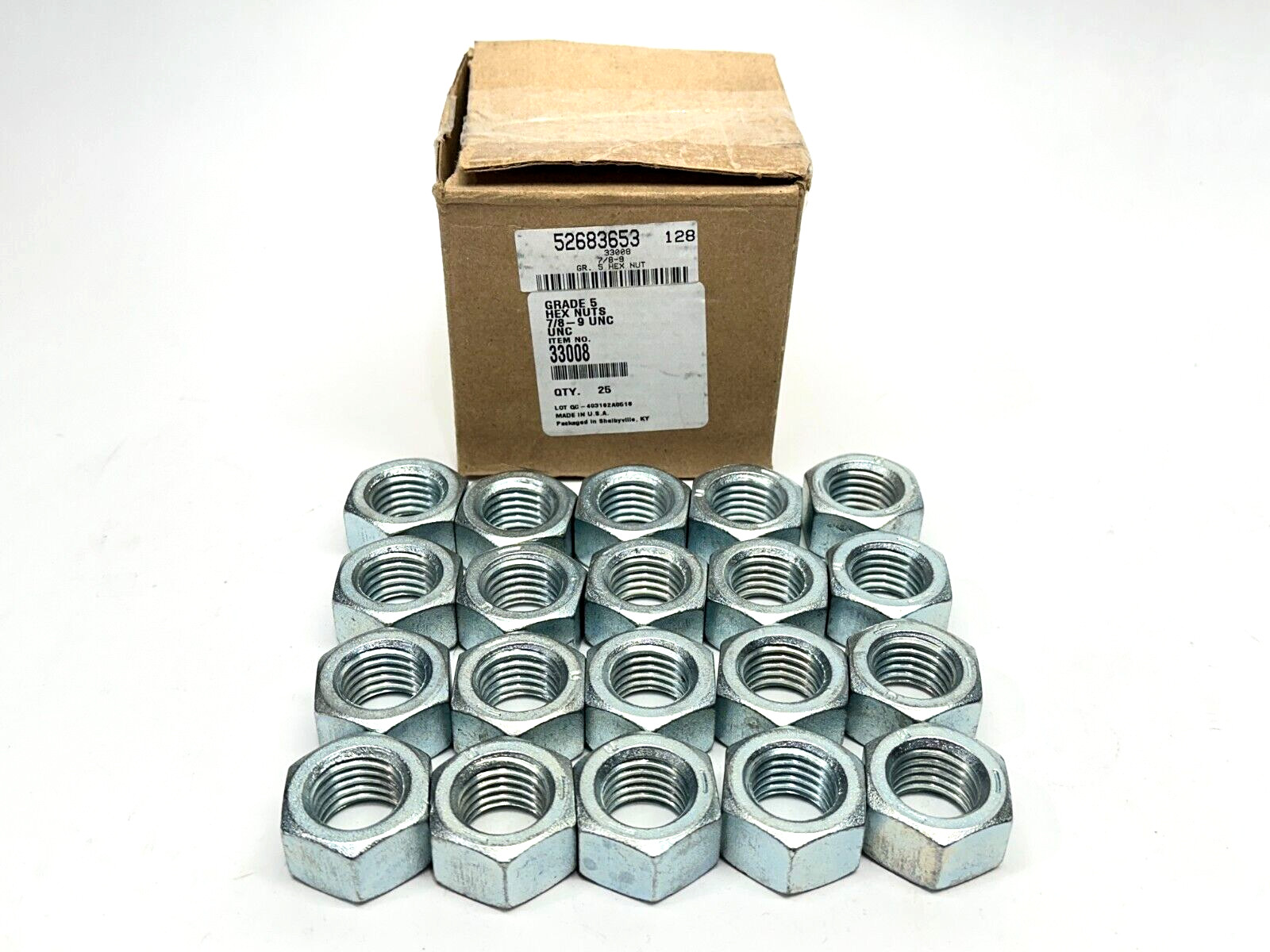 33008 Hex Nuts 7/8-9 Grade 5 Steel Zinc 1-5/16″ Across Flats PKG OF 25