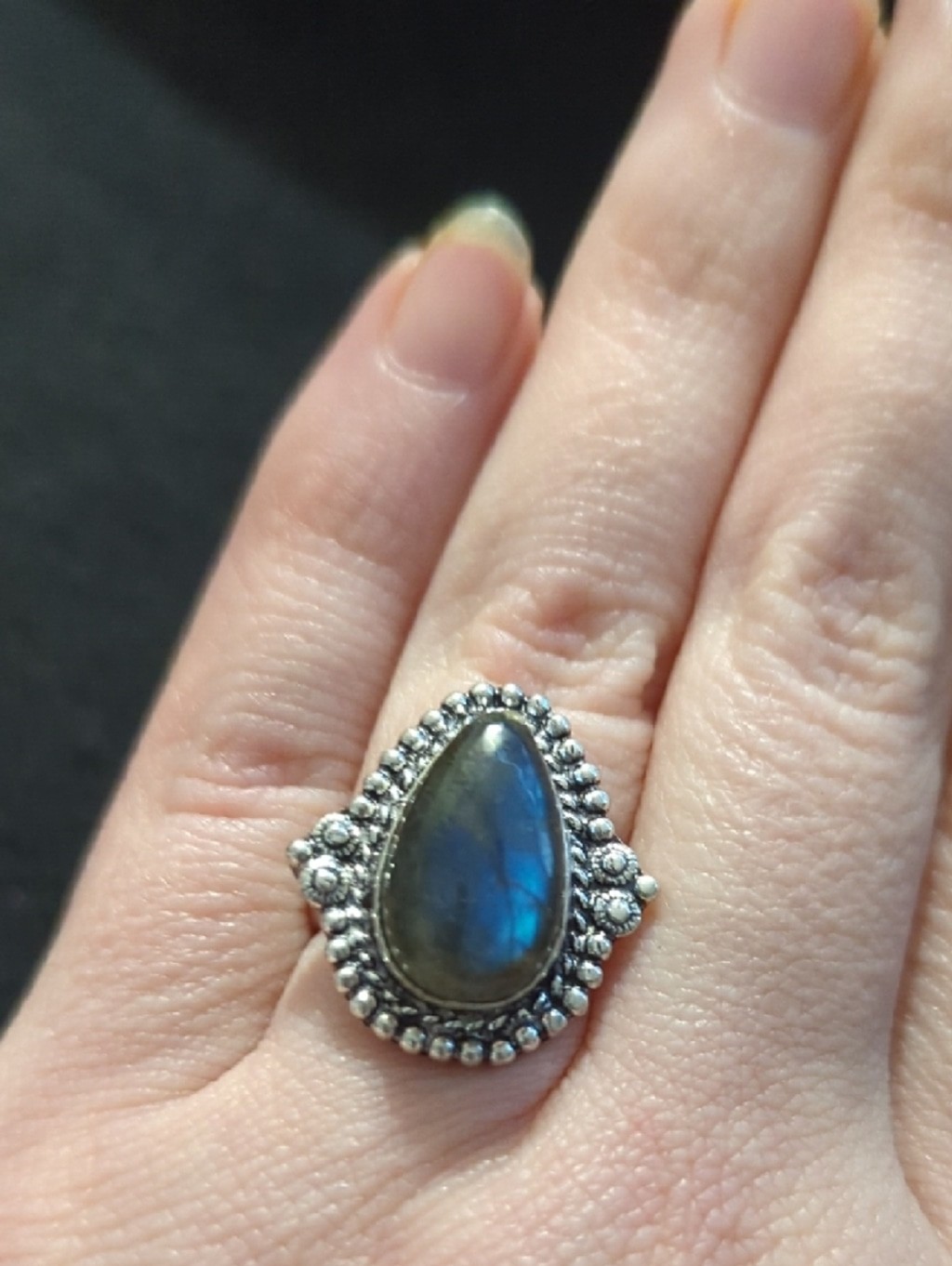 Silver Plated Grey Labradorite Gemstone Teardrop Statement Ring - size 7