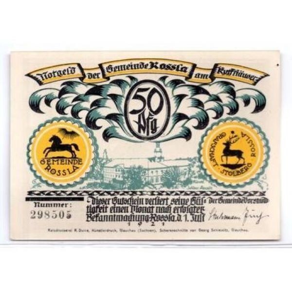 1921 Germany Rossla Notgeld 50 Pfennig Note (222)