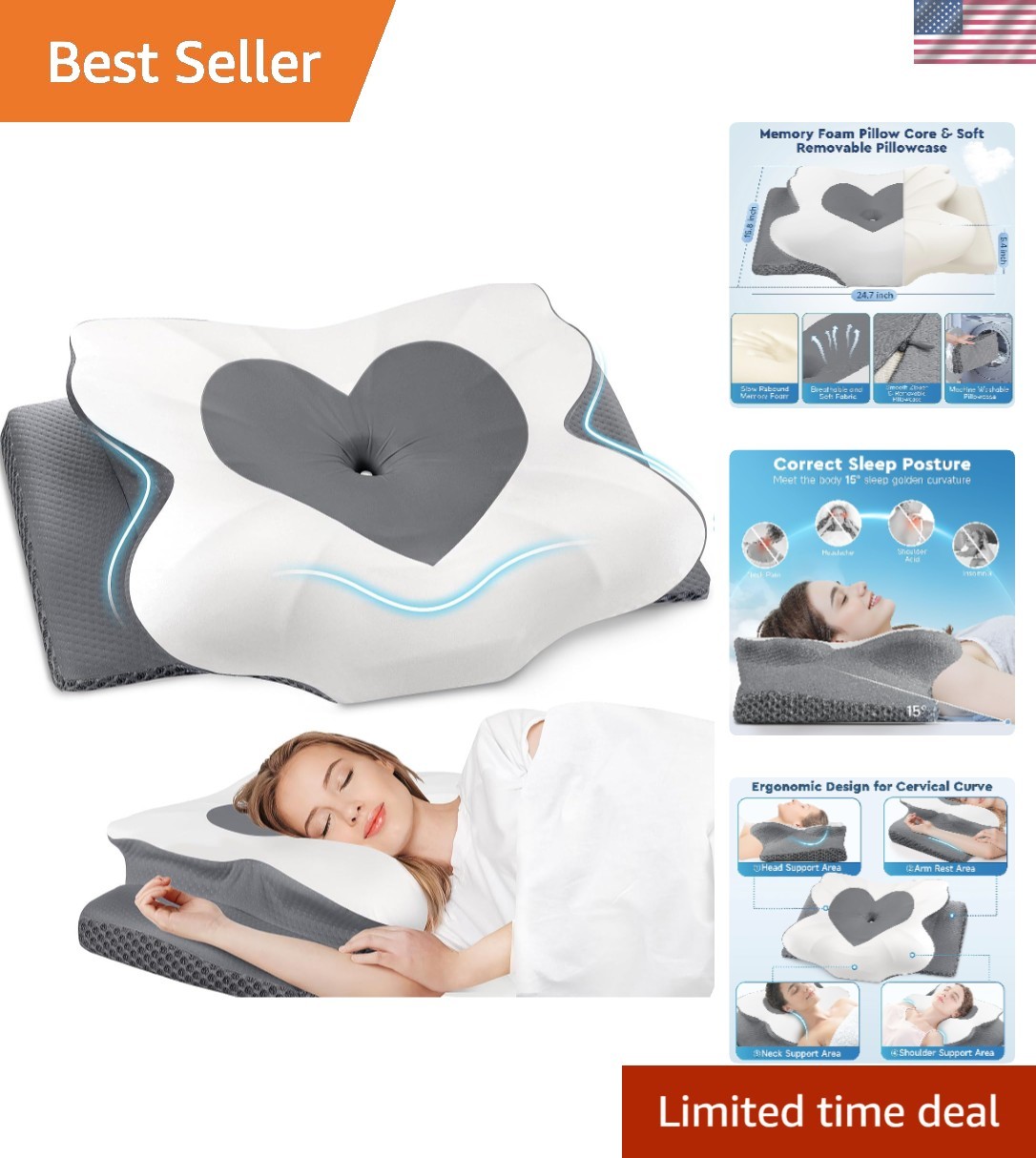 Cervical Neck Pillow, Side Sleeping Pillow, Grey-Queen | Memory Foam Neck Sup...