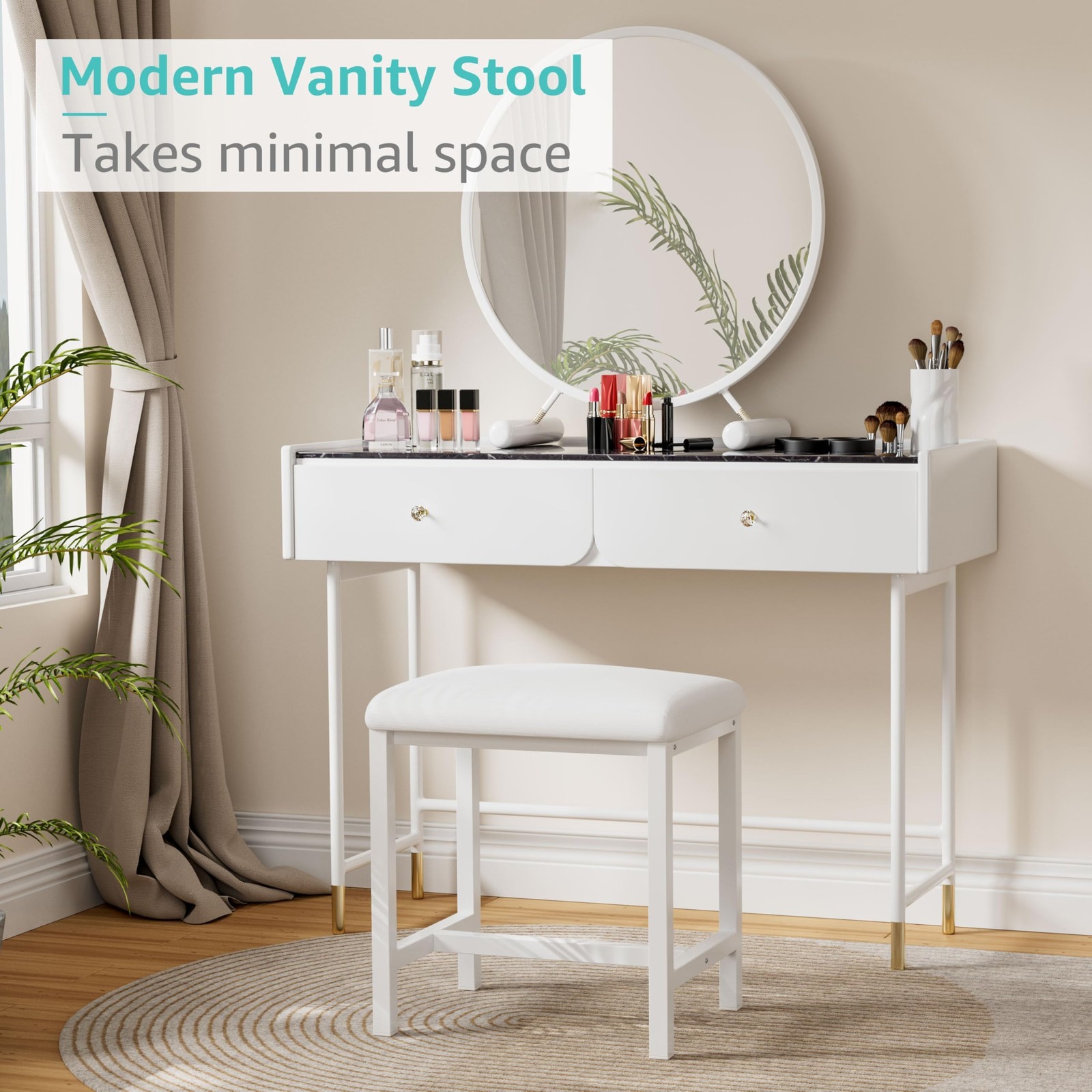 Small Vanity Stool, Cute Vanity Stools with Cushion, White Makeup Vanity Chai...