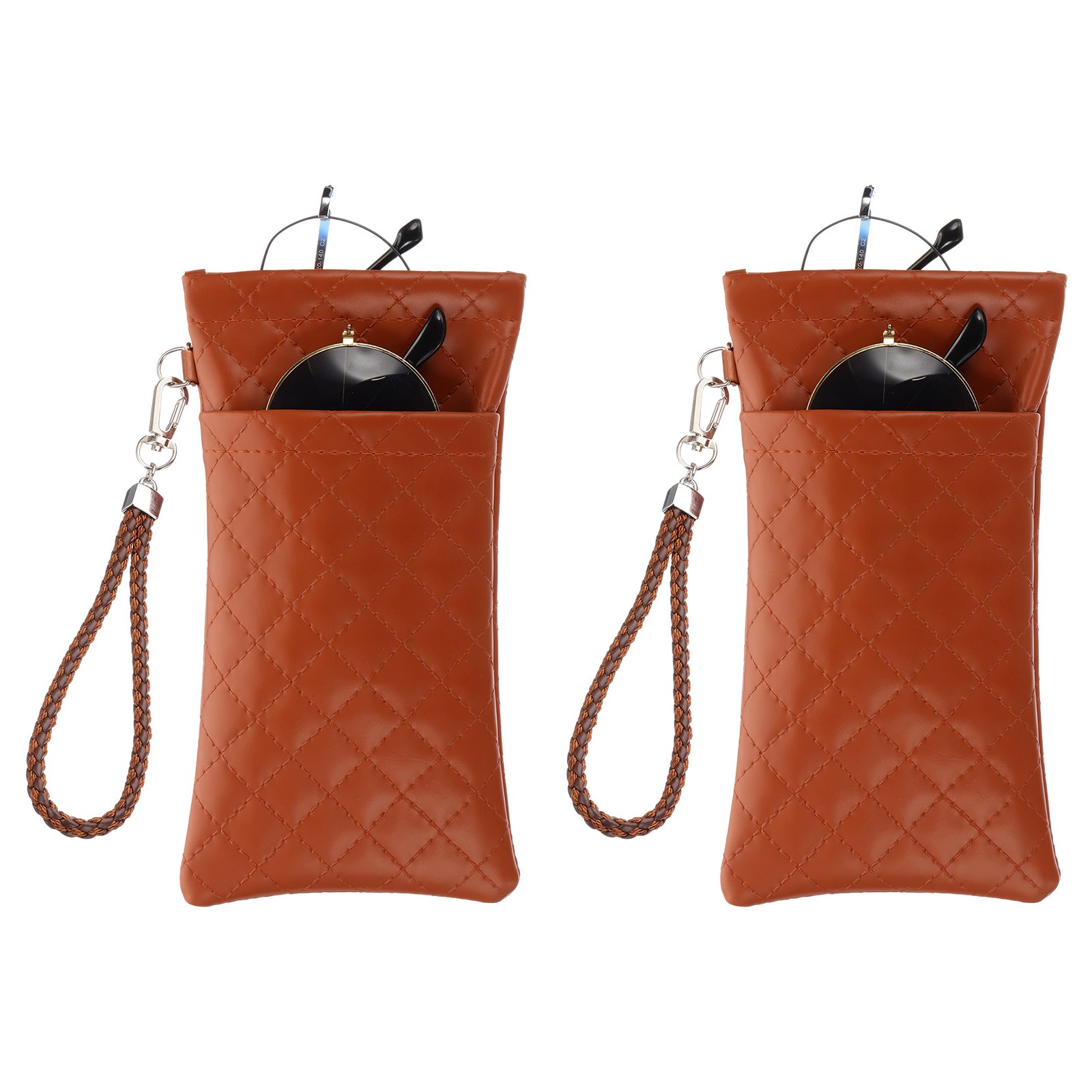 2 Pcs Soft Double Eyeglasses Case Pouch with Carrying Strap, Brown