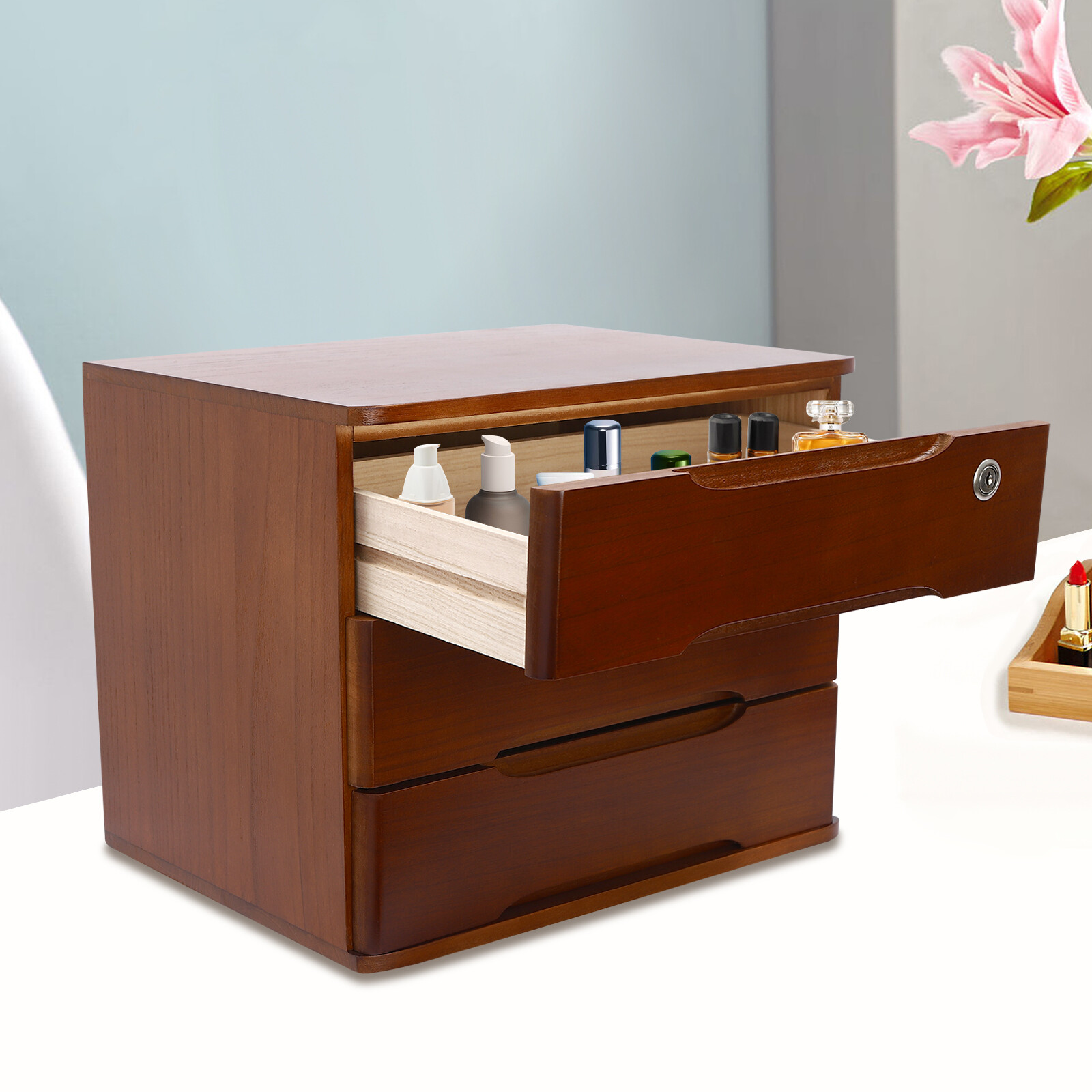 3-Tier File Cabinet Organizer Walnut Desktop Storage Box with Lockable 3 Drawers