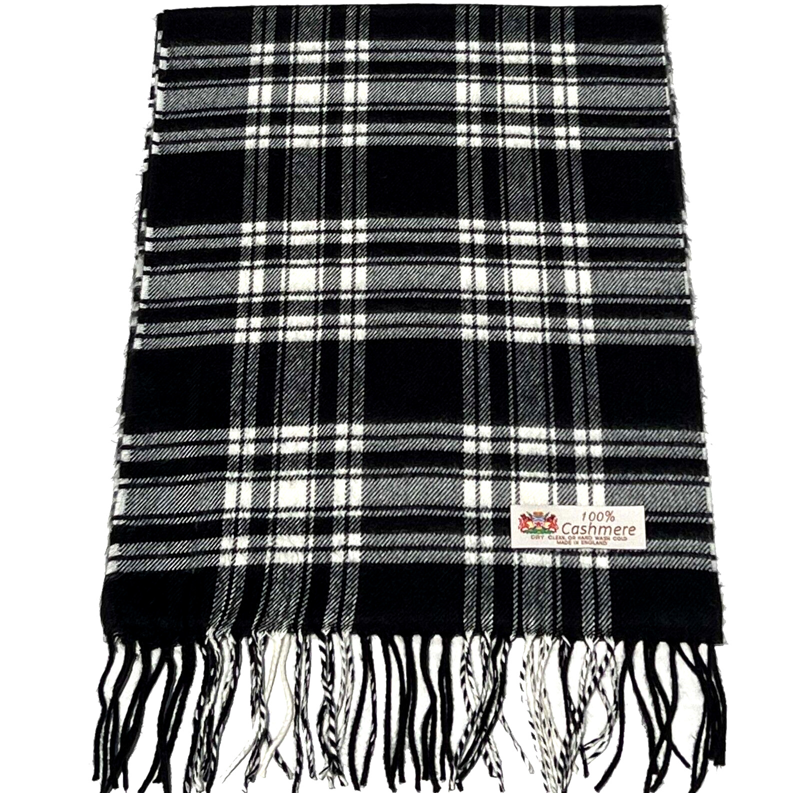 Men Winter Scarf 100% Cashmere Plaid Black Cream Made in England Soft Wool #W07