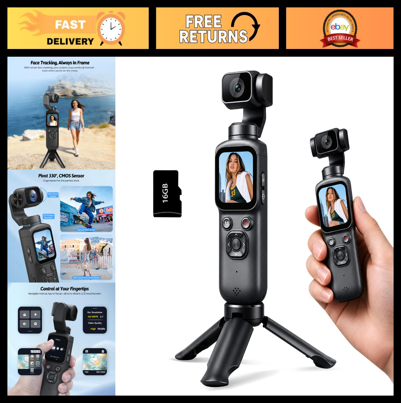4K Vlogging Camera, 75MP Pocket Digital Camera, 330° Gimbal Lens, WiFi, Tripod &