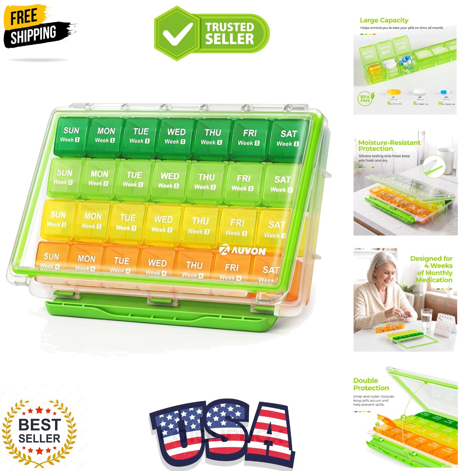 Moisture-Proof Monthly Pill Organizer, Large 28 Days Pill Box Case with Remov...