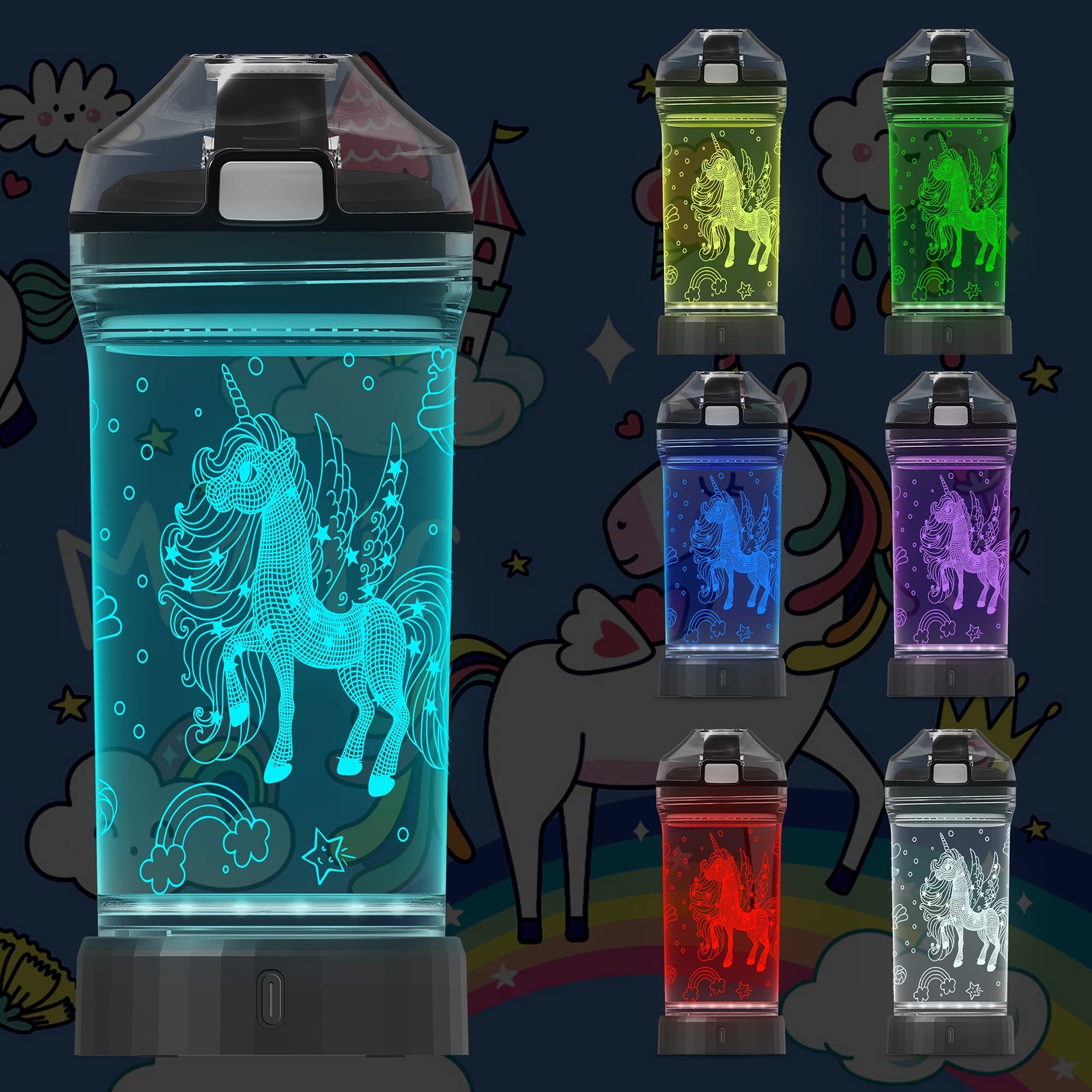 Unicorn Water Bottle for Kids, LED Light up 3D Illusion Night Lamp -14 OZ - B...