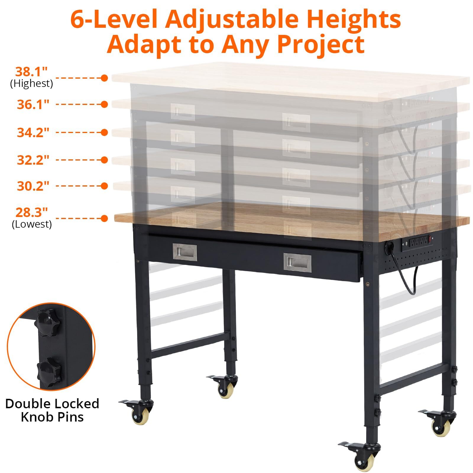 48" Work Benches for Garage Adjustable Workbench Wheels Pegboard Drawers 2000L