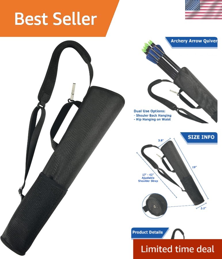 Lightweight Durable Archery Arrow Quiver - 2 Mesh Pockets & Padded Strap