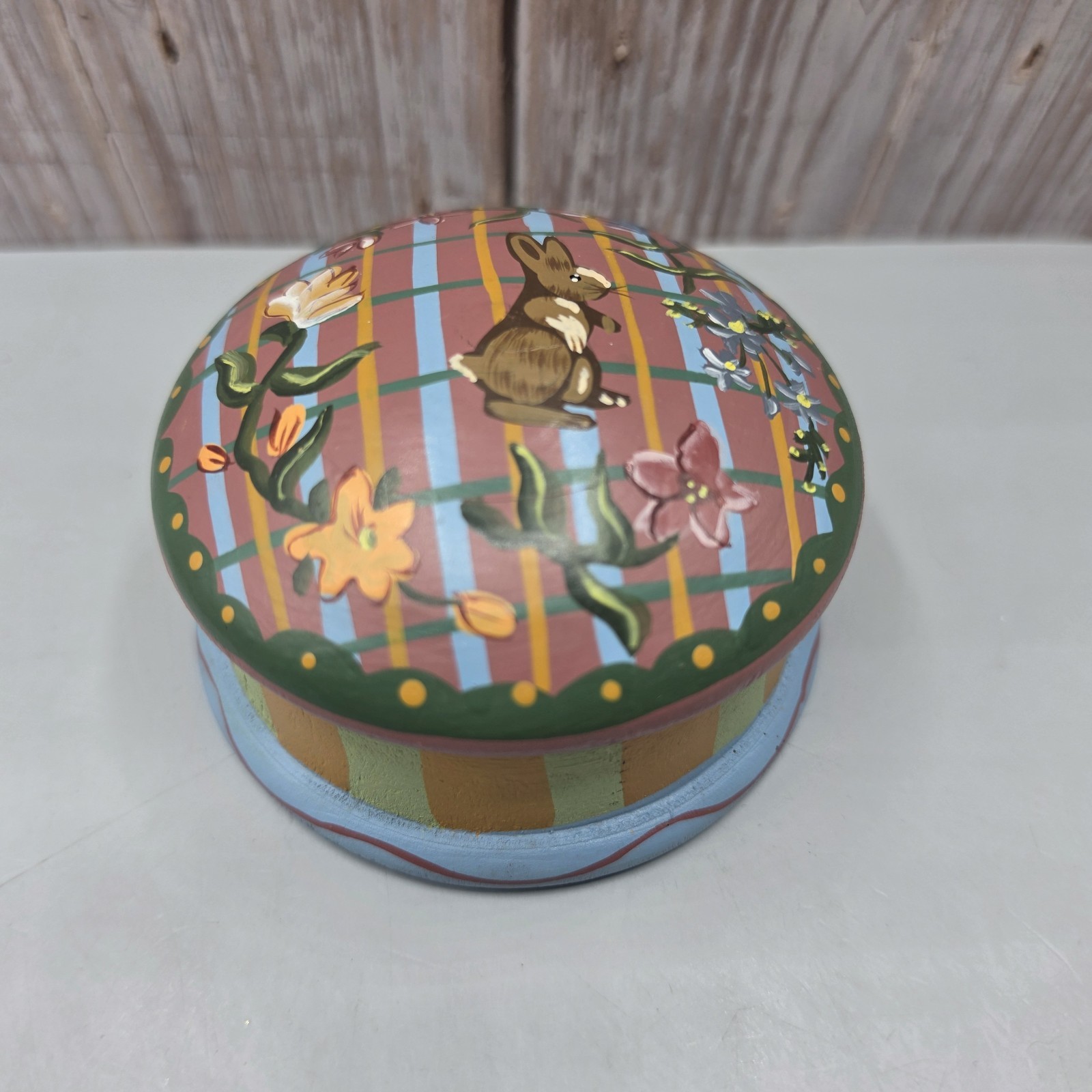 Easter Painted Rabbit Bunny Round Lidded Wooden Trinket Box 3.5”
