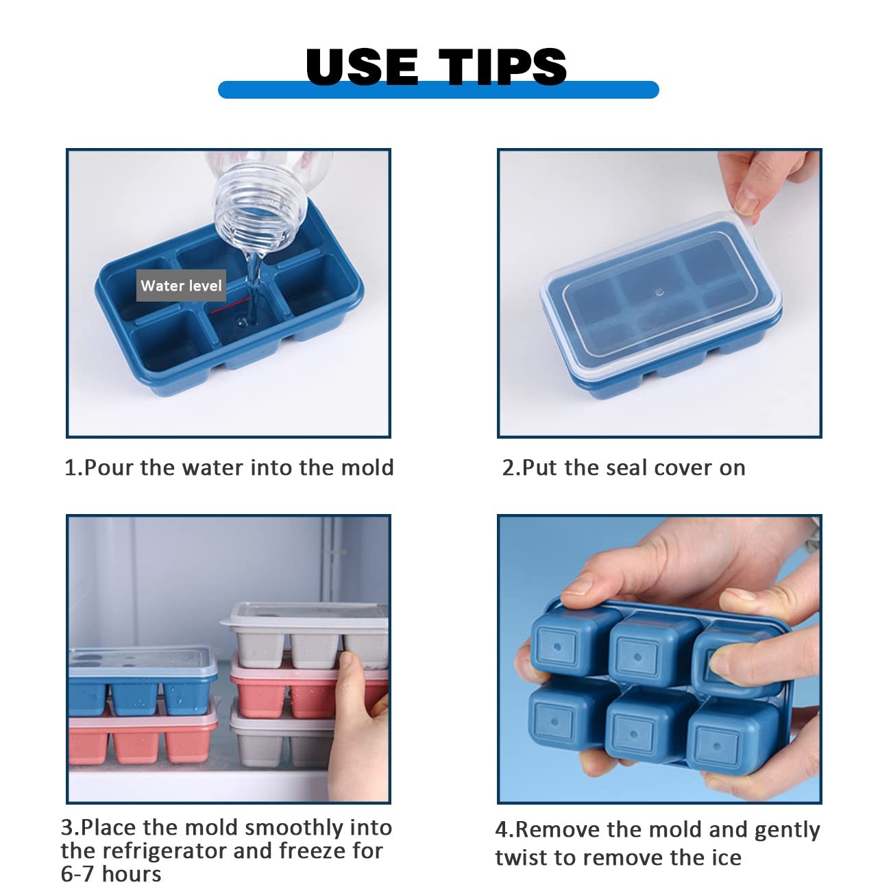 Ice Cube Trays 2 Pack - Mini Size Silicone Molds with 2, Gray,Blue