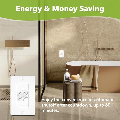 60 Minute Spring Wound Countdown Timer Switch for Bathroom Exhaust Fan, in
