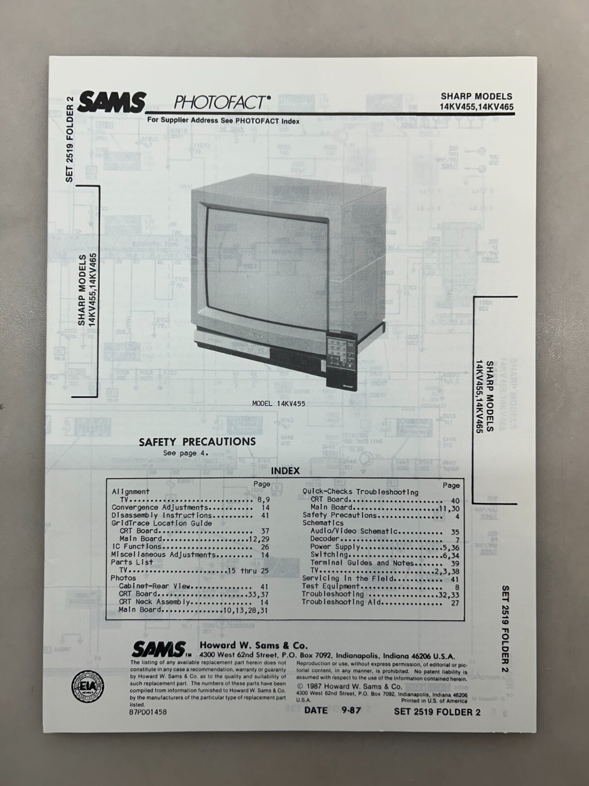 Sharp 14KV455 14VK465 Service Manual Sams Photofact Free Shipping