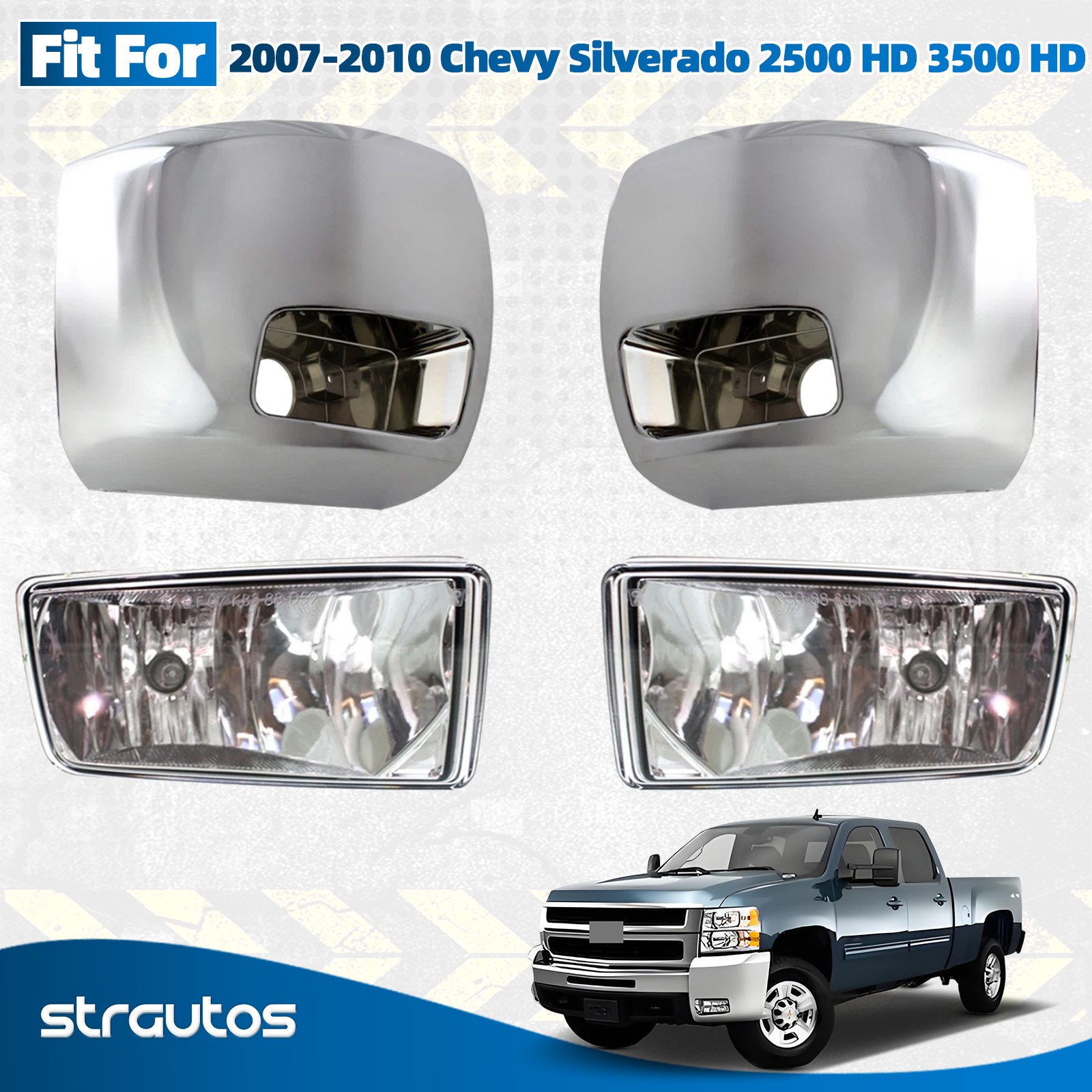 Front Bumper End Cap+Fog For 2007-2010 Chevy Silverado 2500 3500 Chrome Pair L+R