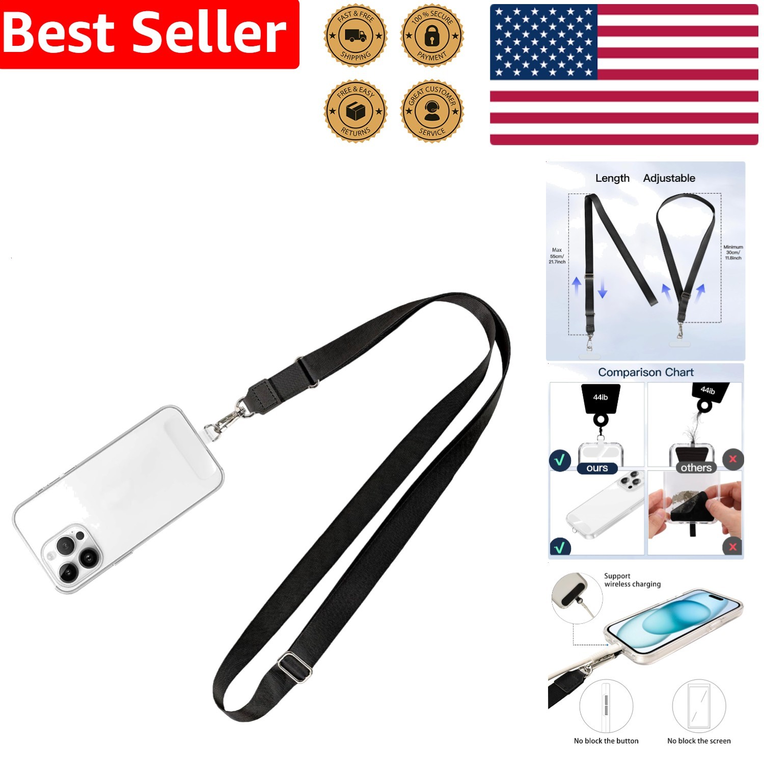 Phone Lanyard 1 Pack Adjustable Neck Strap Crossbody Phone Tether Tab Anti-Theft