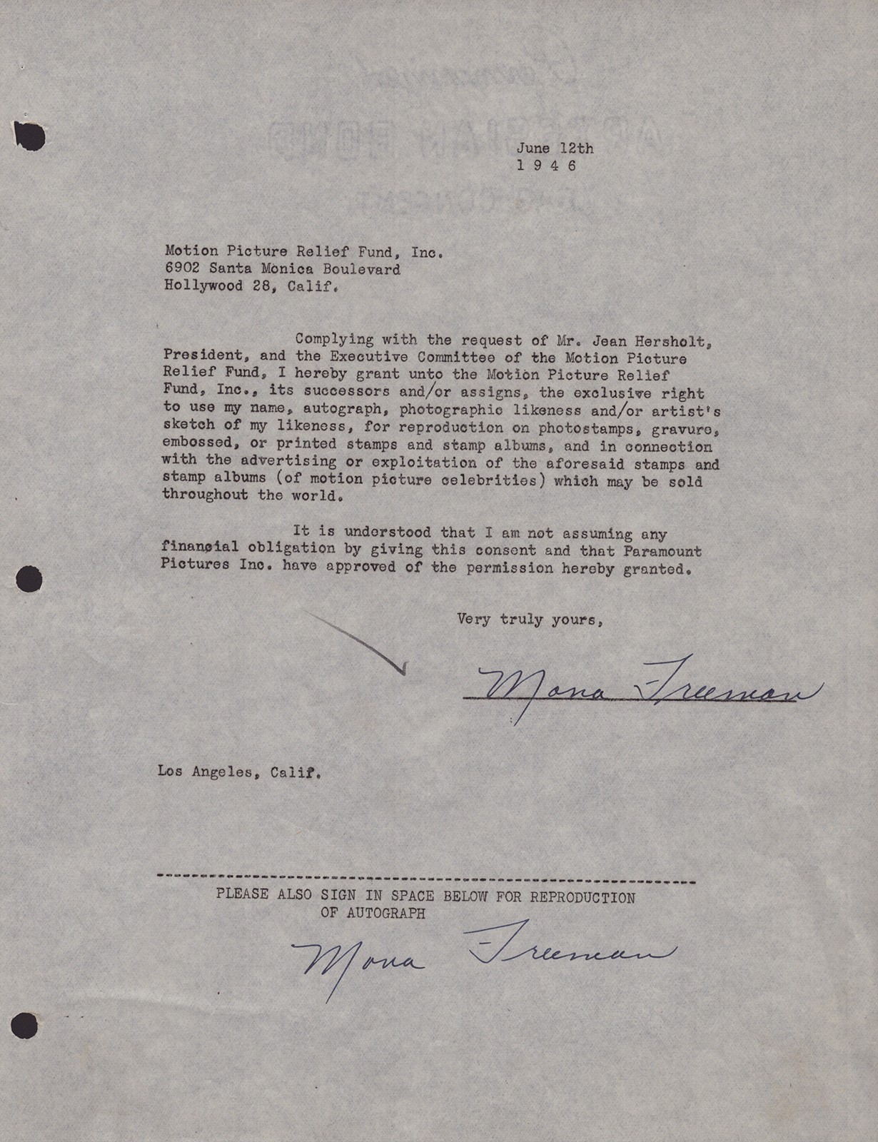MONA FREEMAN - DOCUMENT DOUBLE SIGNED 06/12/1946