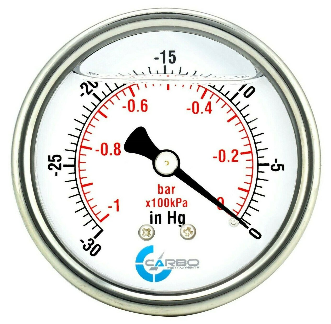 1-1/2" Vacuum Gauge, Stainless Steel Case, Liquid Filled, Back Mnt, -30 Hg/0 Psi