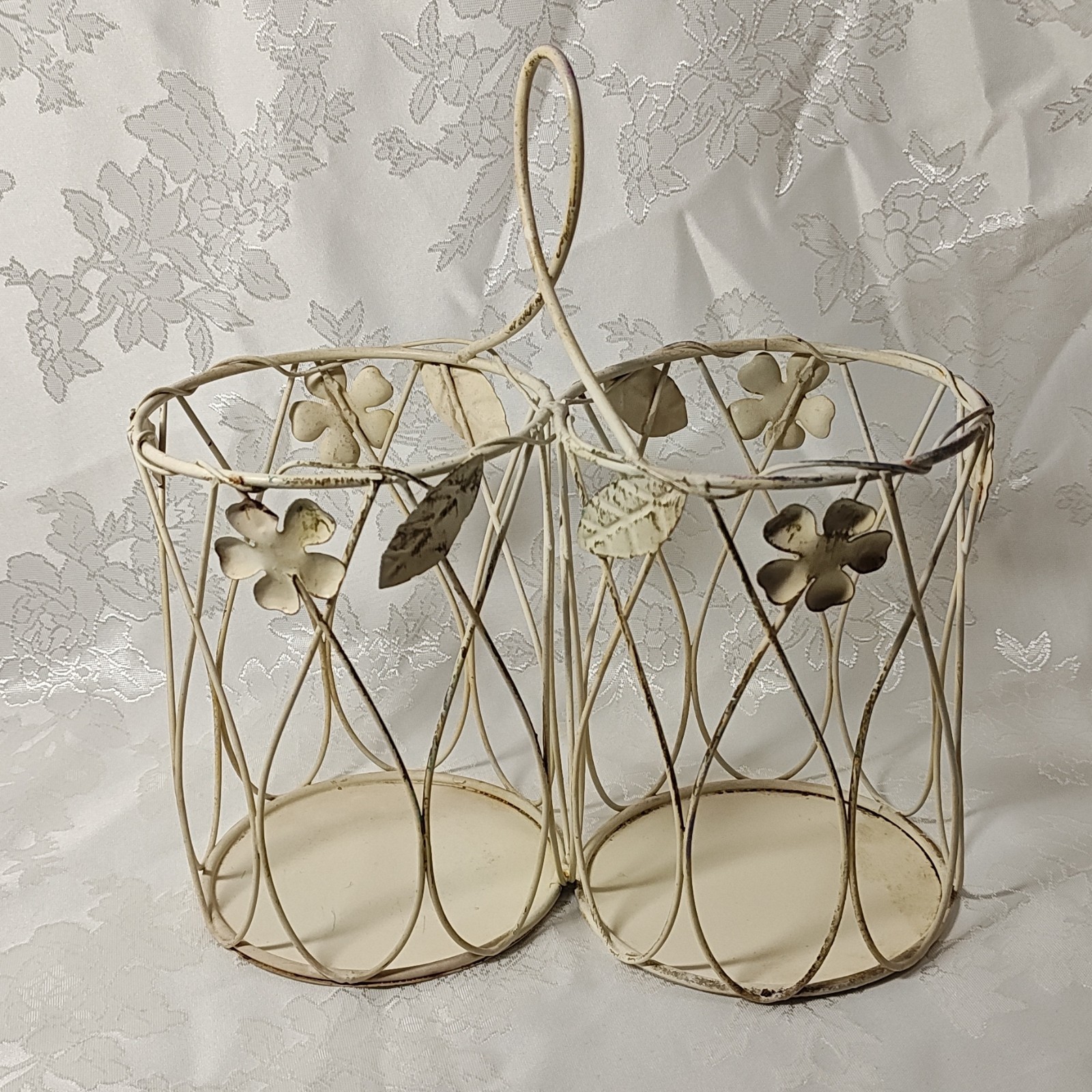 Metal Floral Double Basket Set, White Shabby Chic, With Handles, 10" Tall