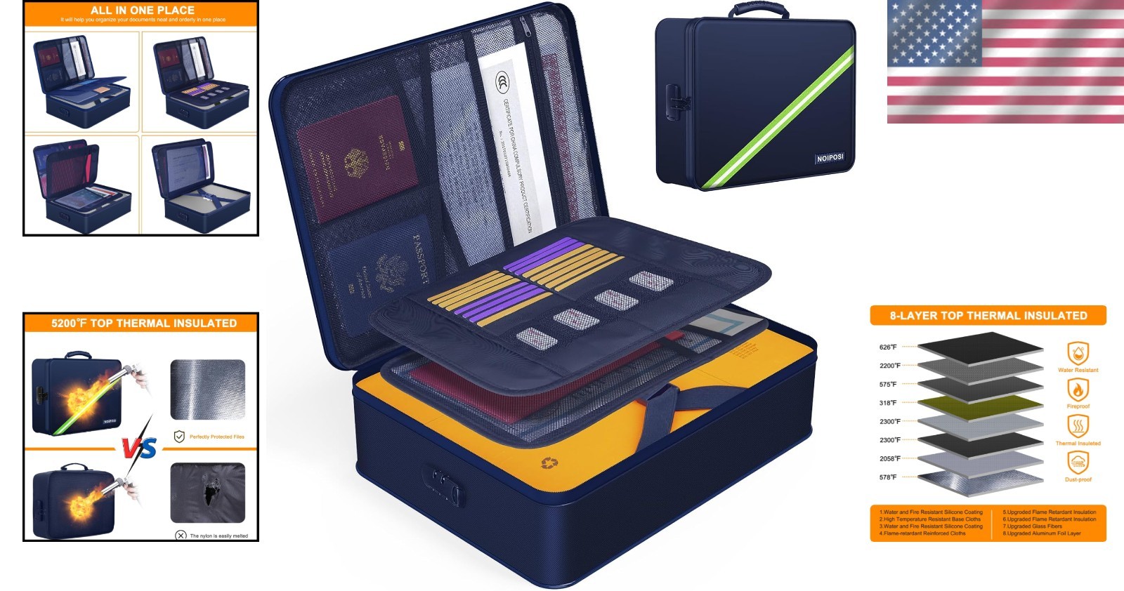 Fireproof Document Organizer - 5200°F, Waterproof, Secure Lock, Blue