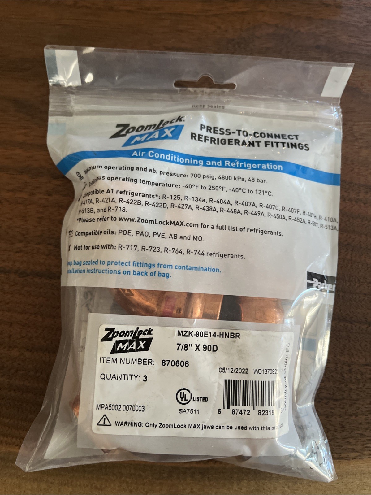 Zoomlock MAX Press To Connect Fitting 7/8” 90 Elbow 3 Pack