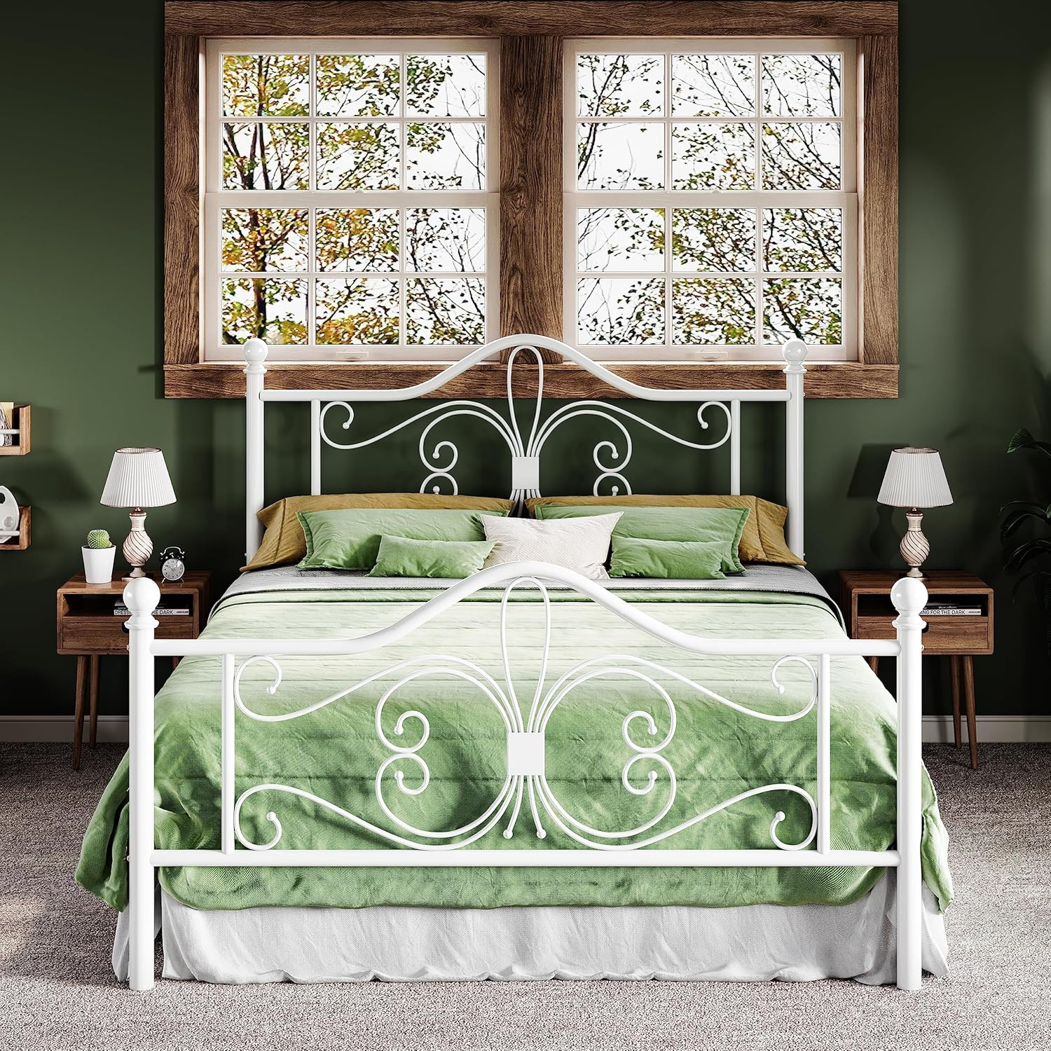 Elegant White Queen Metal Bed Frame with Butterfly Headboard - Easy Assembly