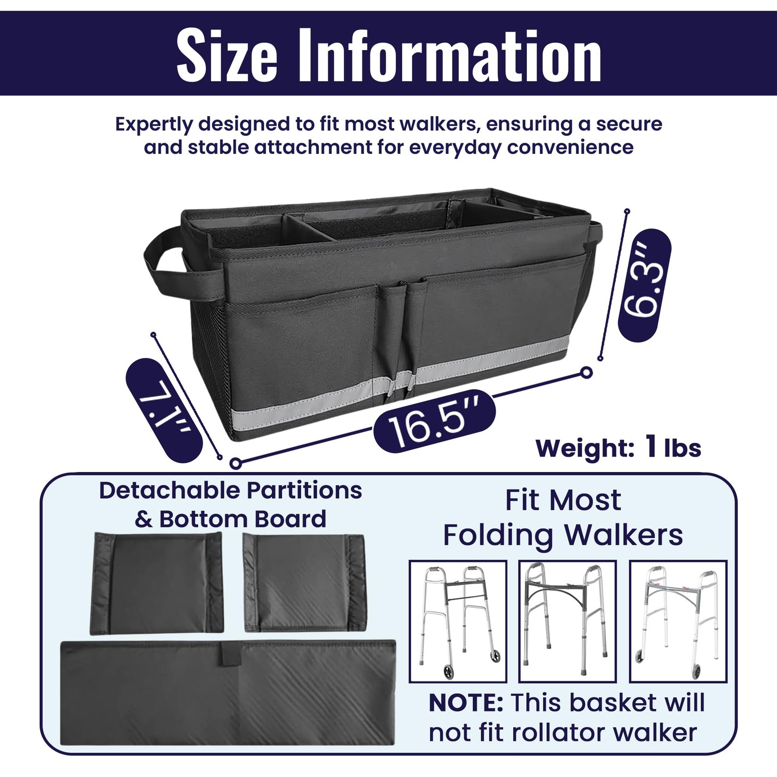 Aliseniors Walker Basket Accessories for Folding Big Capacity, Black