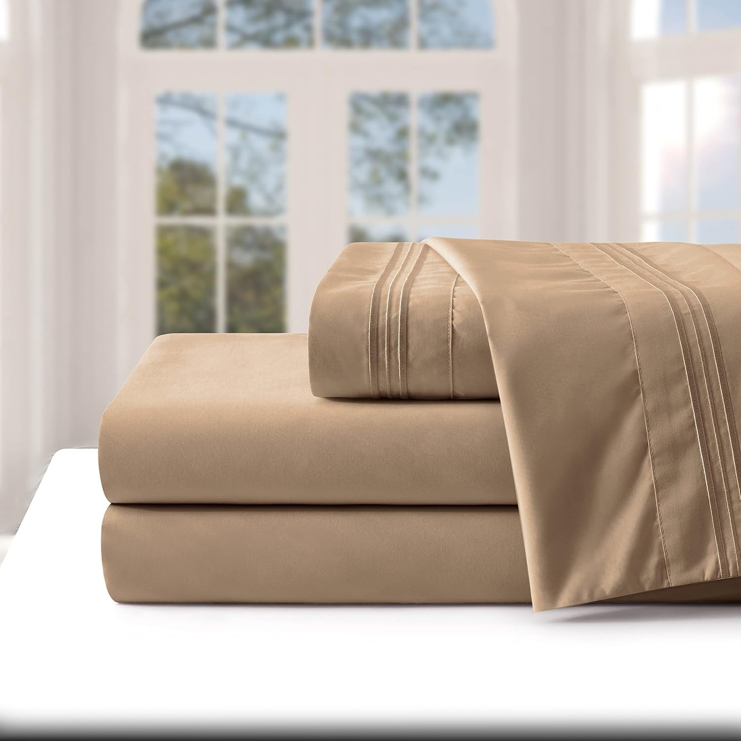 4 Piece Khaki Full Sheet Set, 18-24 Extra Deep Pocket, 1800 Thread Count
