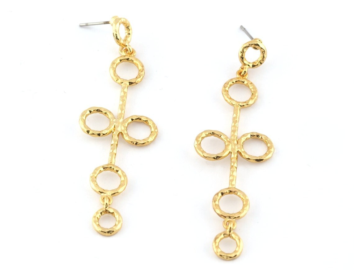 1  pair Circles Hammered Hoops Dangle Earring Shiny Gold Plated brass 63mm 5099