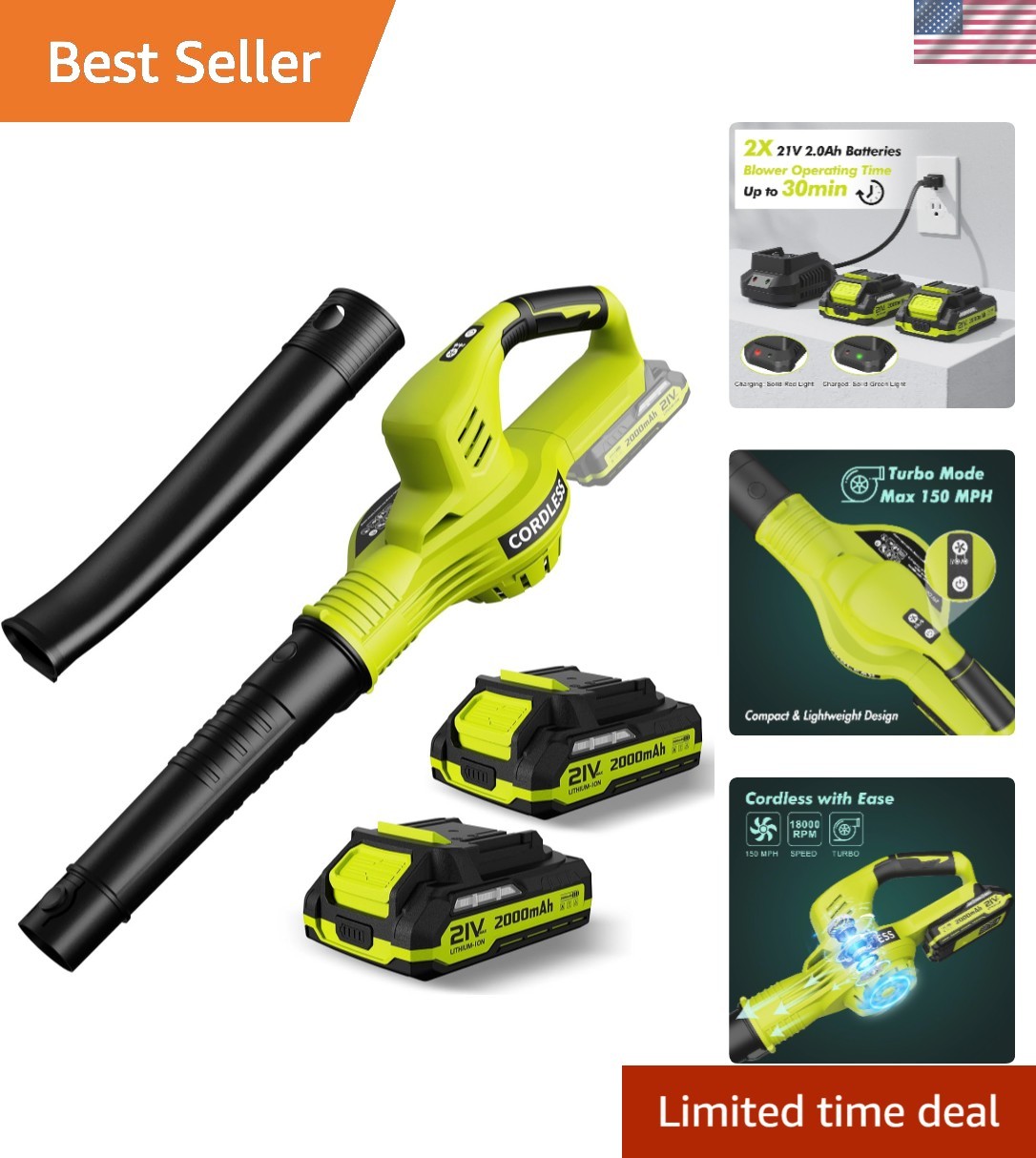 Lightweight 21V Leaf Blower with 2 Batteries, Fast Charging, Adjustable Speed
