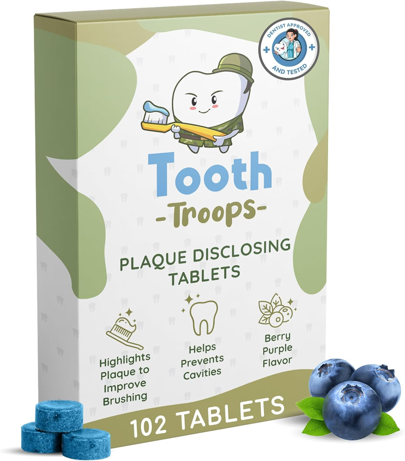 Plaque Disclosing Tablets for Kids & Adults. 102 Count. Blueberry Flavor. Tested