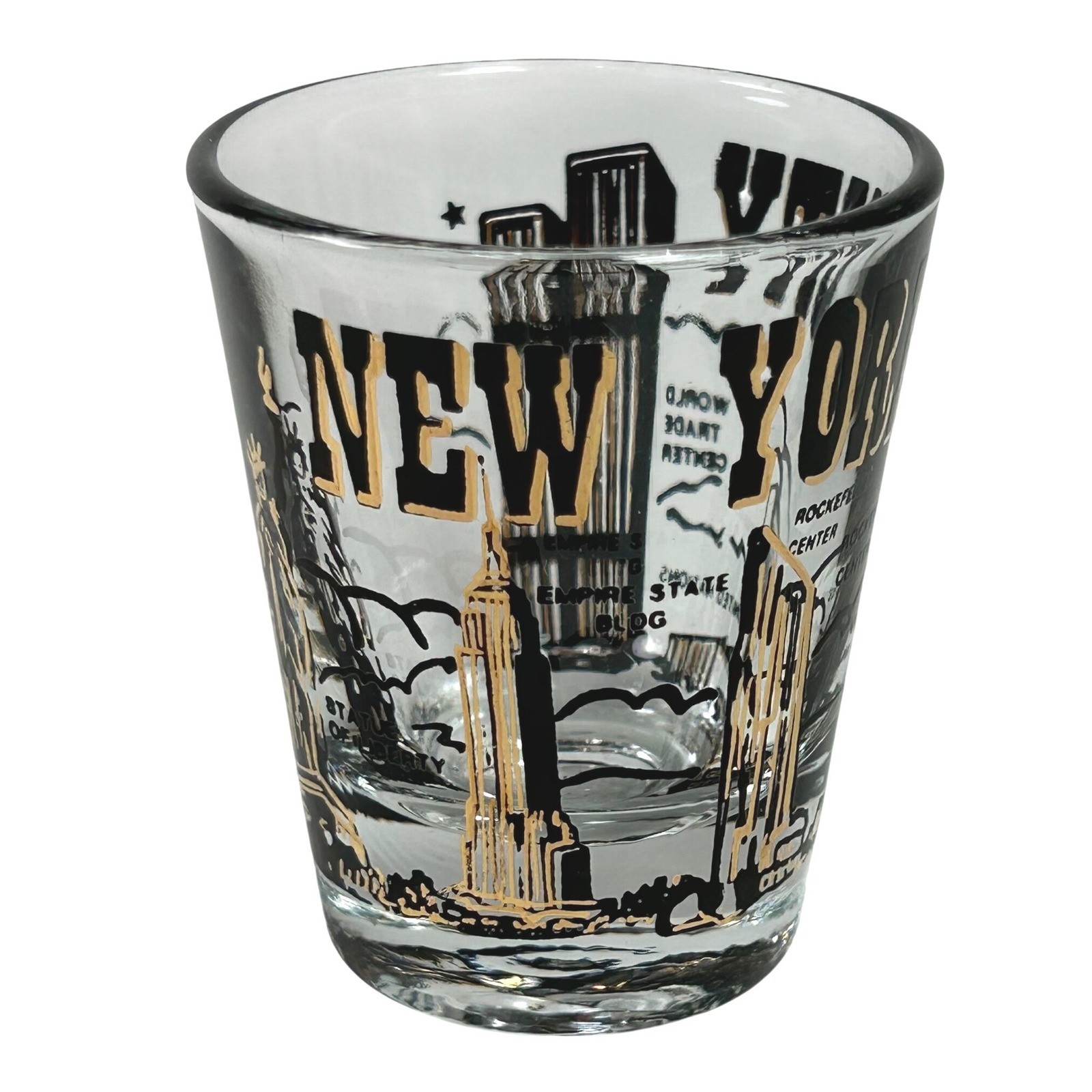 New York City Landmarks Shot Glass Empire State World Trade Center UN Vintage