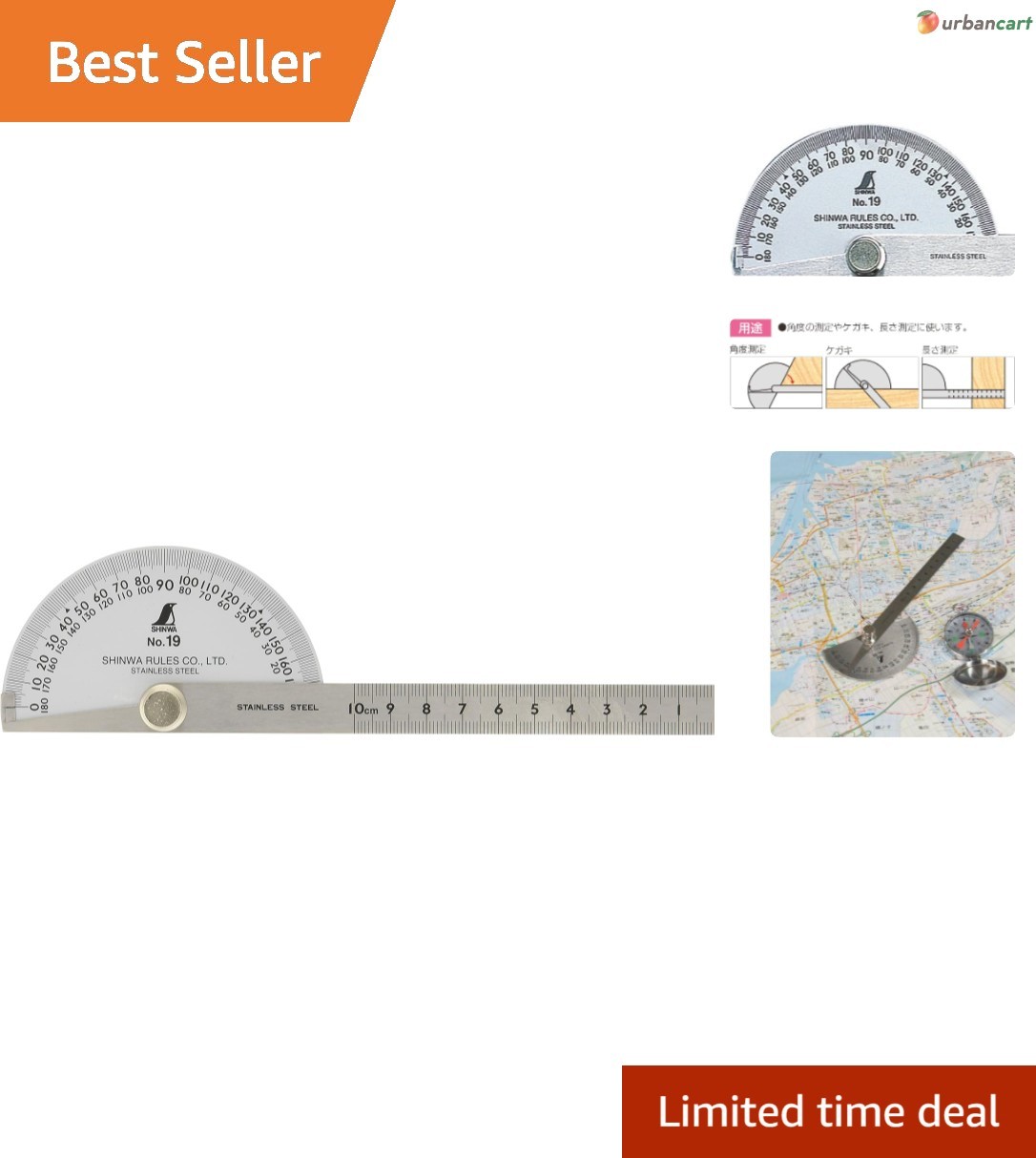 Shinwa Silver Protractor No. 19 – Precision Brass & Steel Ruler