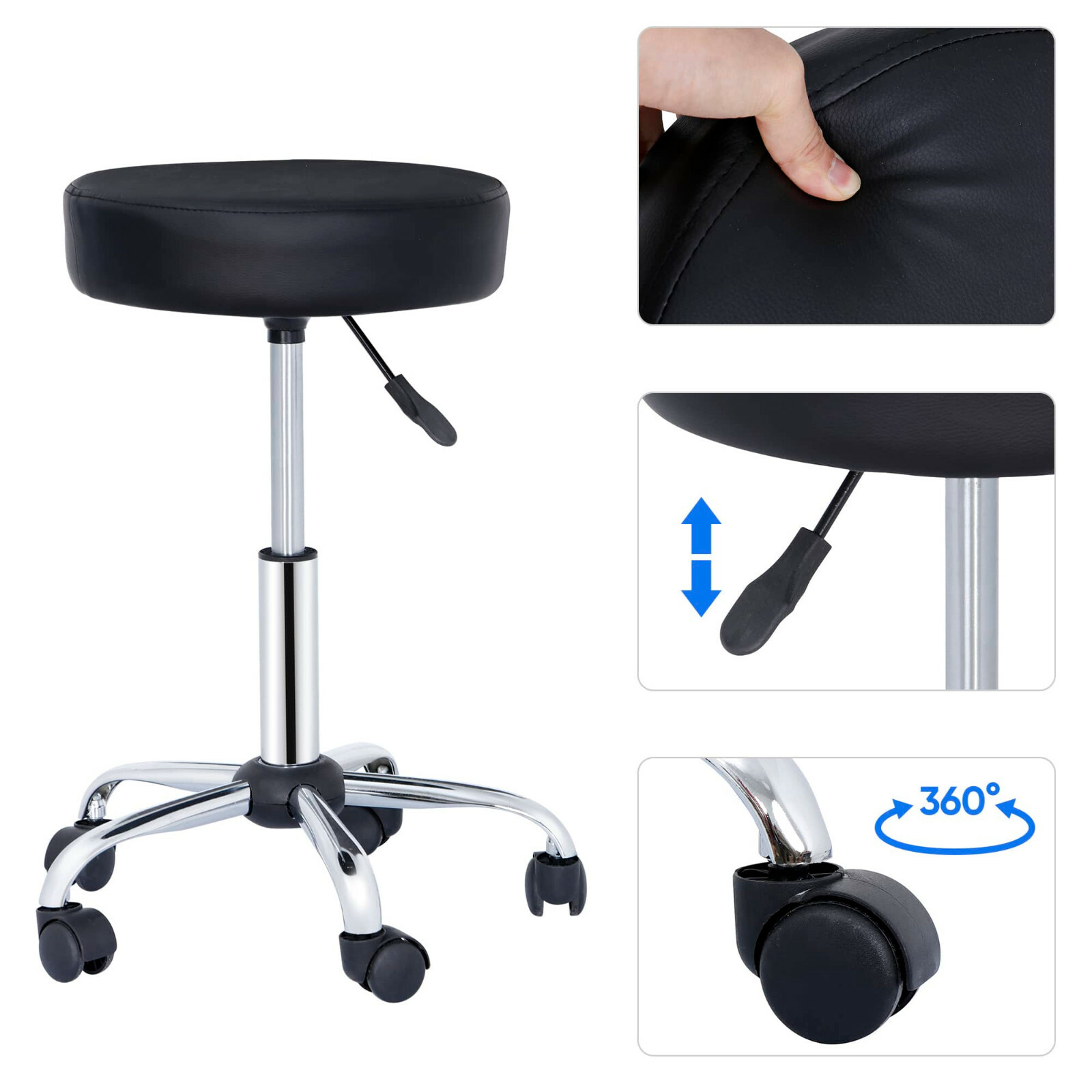 Salon Spa Stool Backless Massage Stools Metal Base Height Adjustable Black