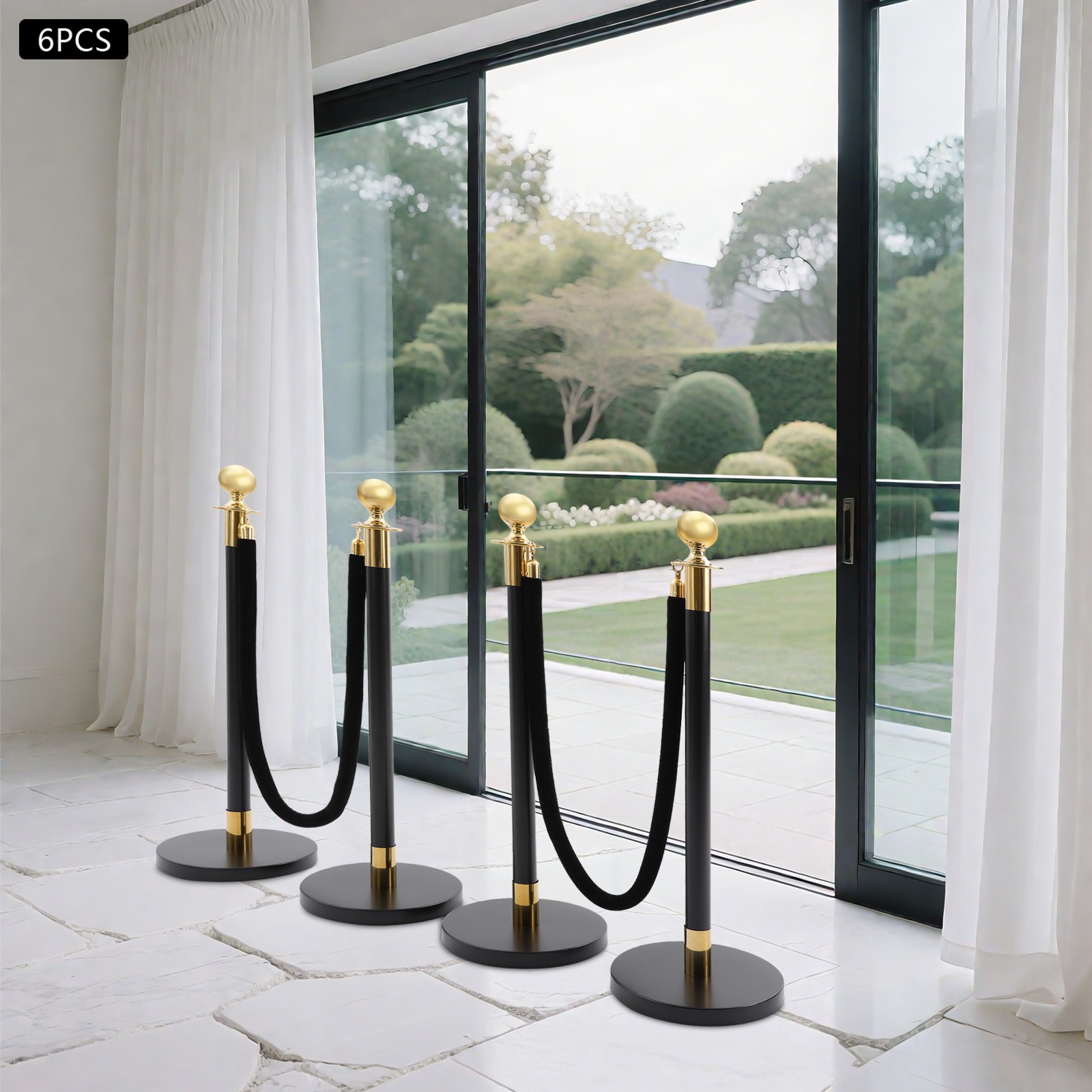 6 PCS Black Stainless Stanchion Posts with 4 Ropes Crowd Control Queue Barrier