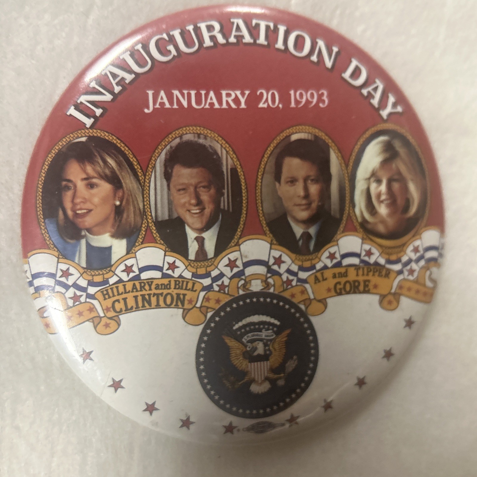 Inauguration Day 1993 Clinton Gore With Wives jugate  3 1/2” pinback button pin