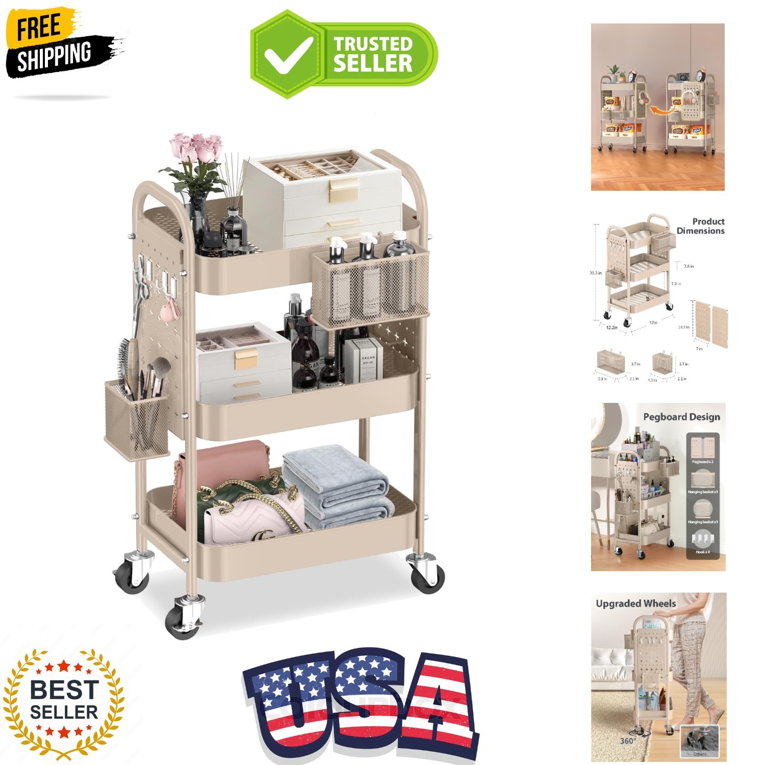 3 Tier Rolling Cart with DIY Pegboards Metal Utility Cart with Wheels Handles...
