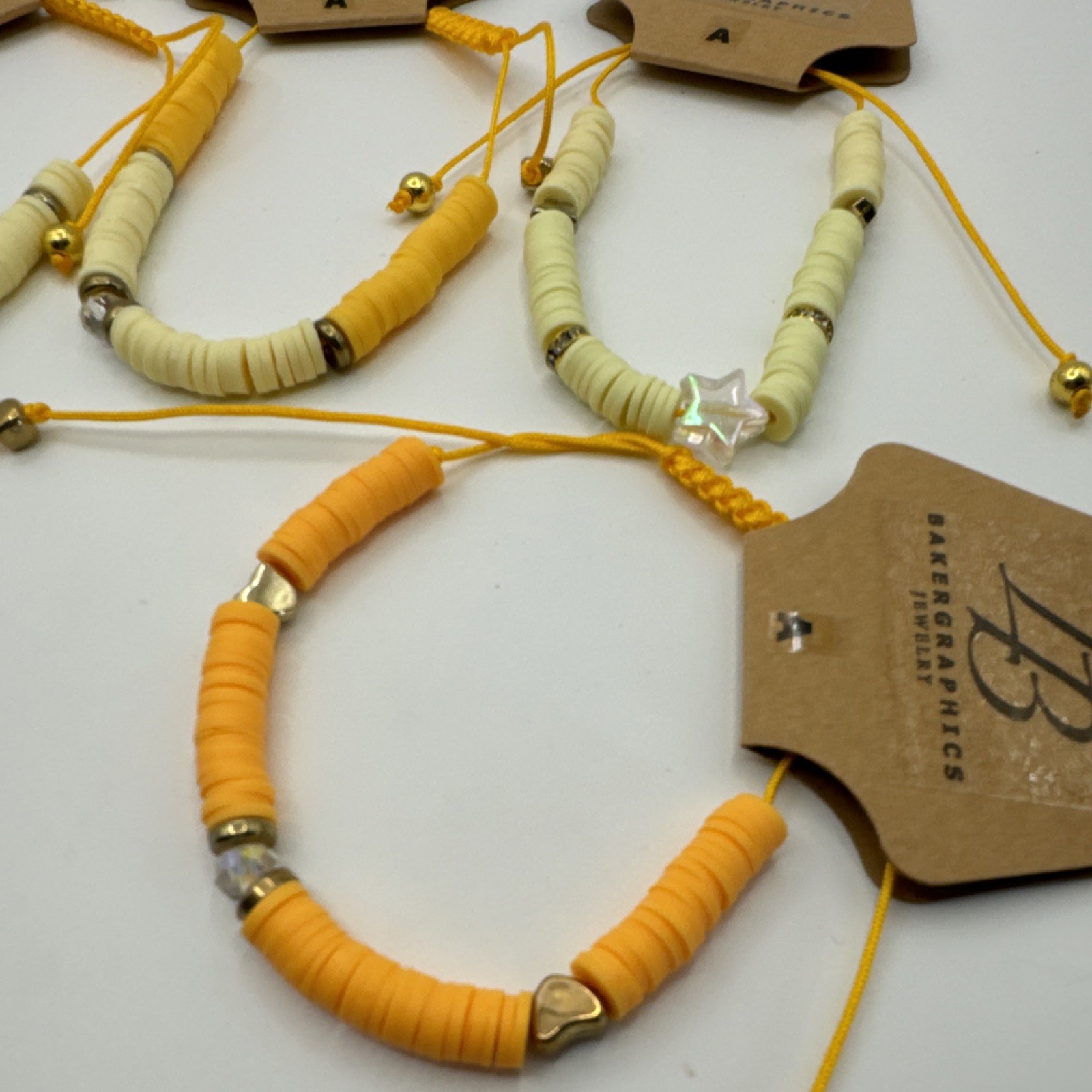Bakergraphics Jewelry Yellow Cream Beaded Adjustable Charm Bracelets Set
