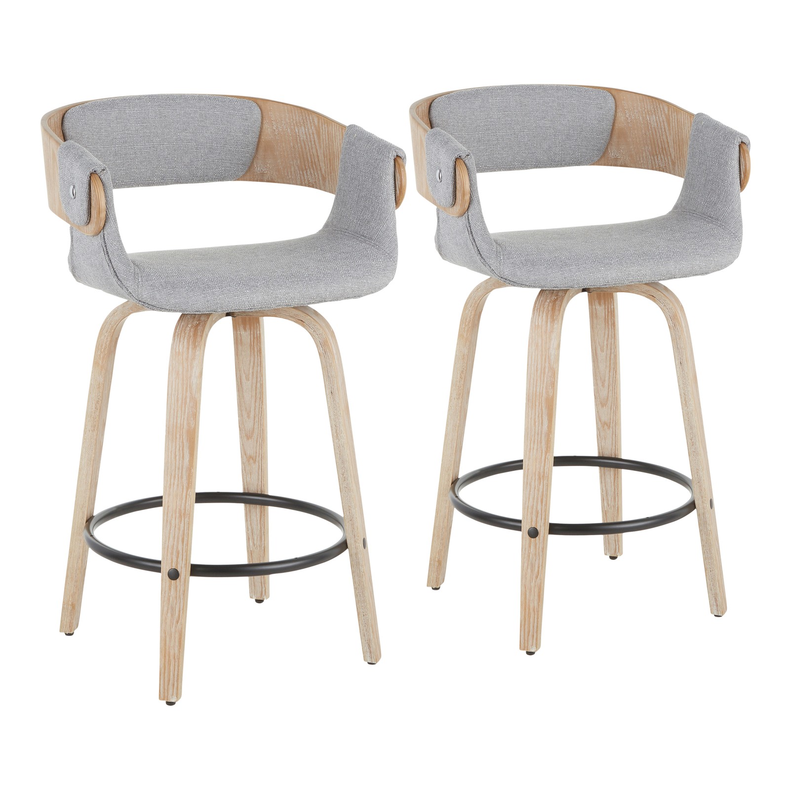 Elisa Farmhouse Counter Stool in White Washed Wood and Grey Fabric by  - Set o