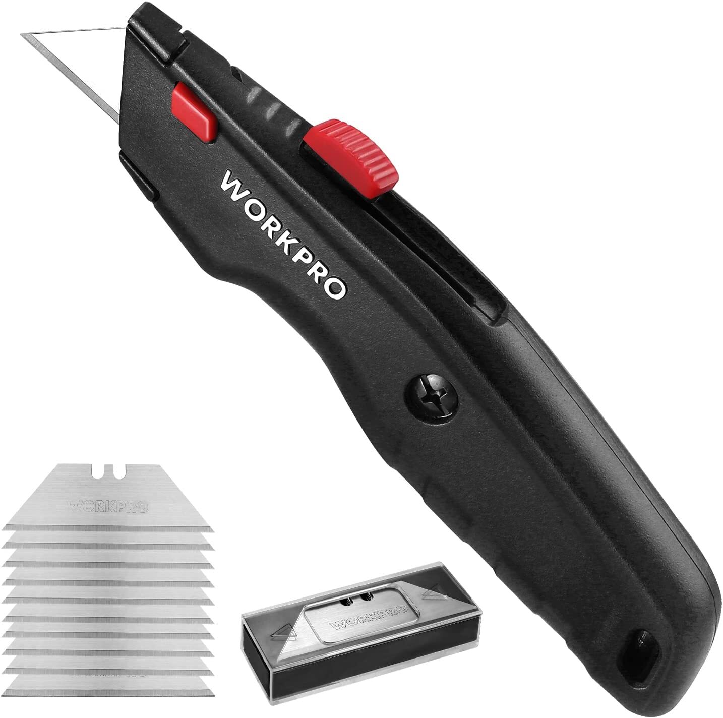 WORKPRO Premium Utility Knife Quick Change Blade w/10 Extra Blade Black/Blue/Red