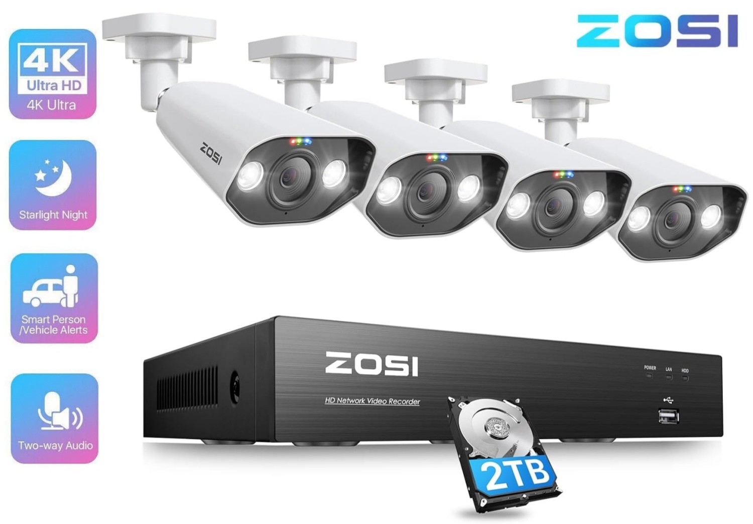 ZOSI 8CH 4K 8MP NVR PoE Security Camera System Person Vehicle Detection 2TB HDD