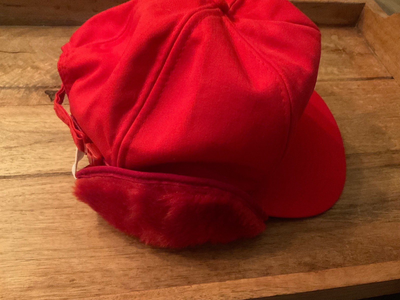 VINTAGE SAN SUN FAUX FUR EAR FLAP BRIM HAT HOGOBOOM TRUCKING ( ADULT OS ) RED