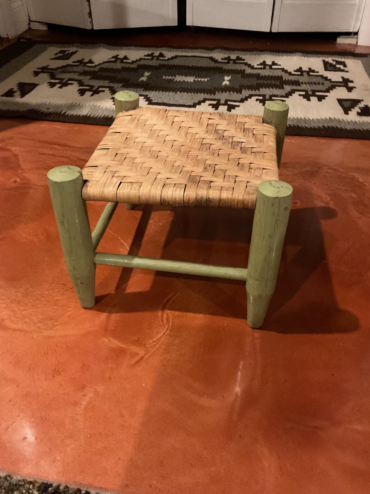 VTG Hand Made 9 inch tall Green Footstool with Woven Cane Bottom