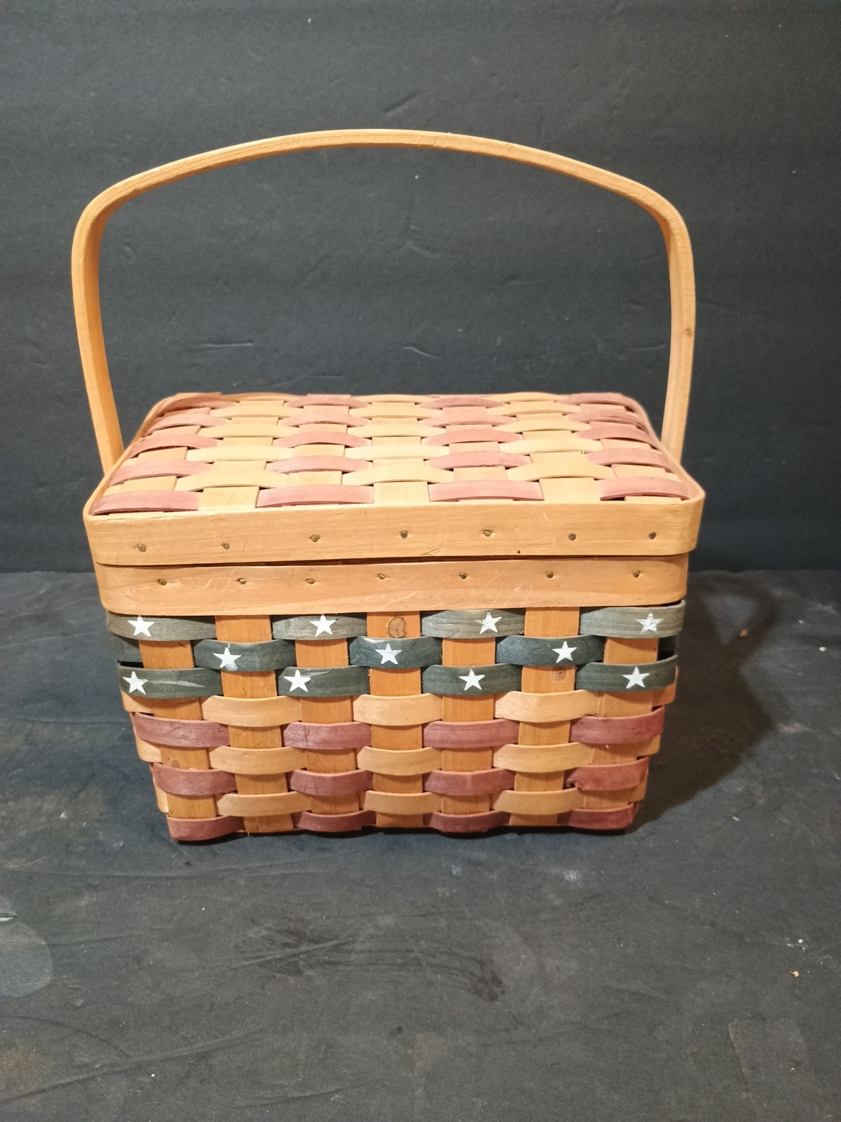 American Wooden Lidded Basket Stars & Stripes Fourth of July, Handle